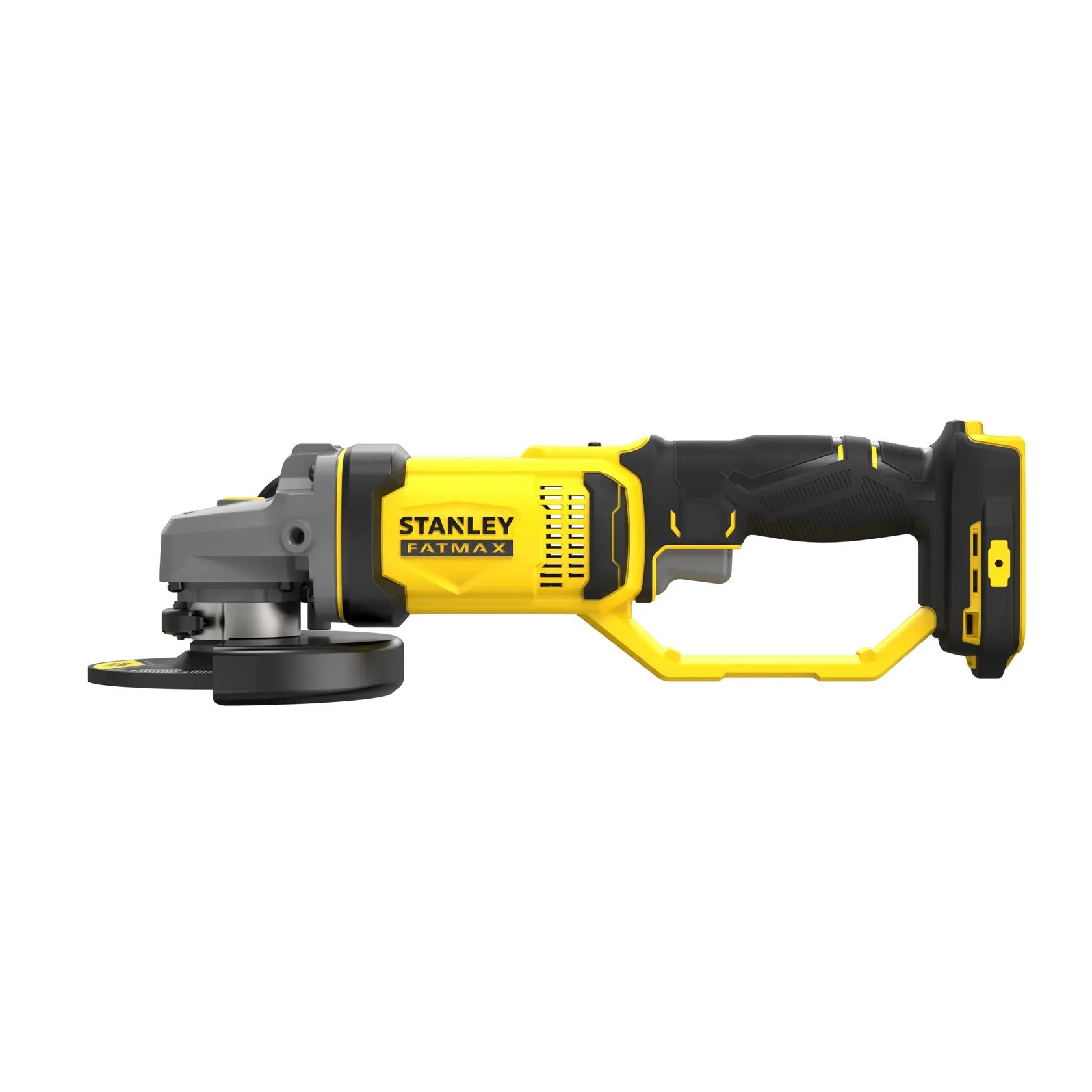 STANLEY SCG400 cordless angle grinder, yellow and black, side view on white background.