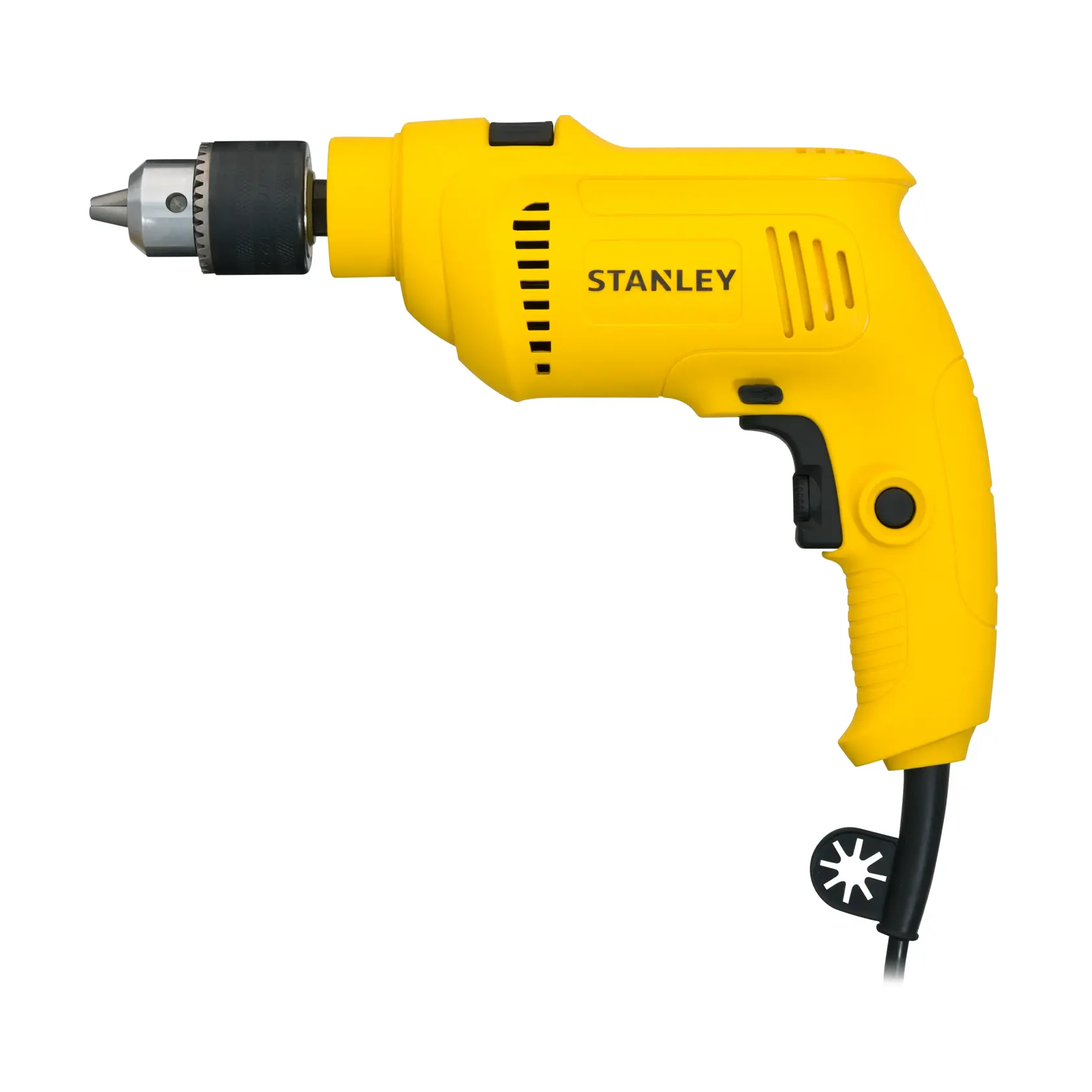 STANLEY SDH600KP yellow corded electric drill side view with black accents, product photography on white background.