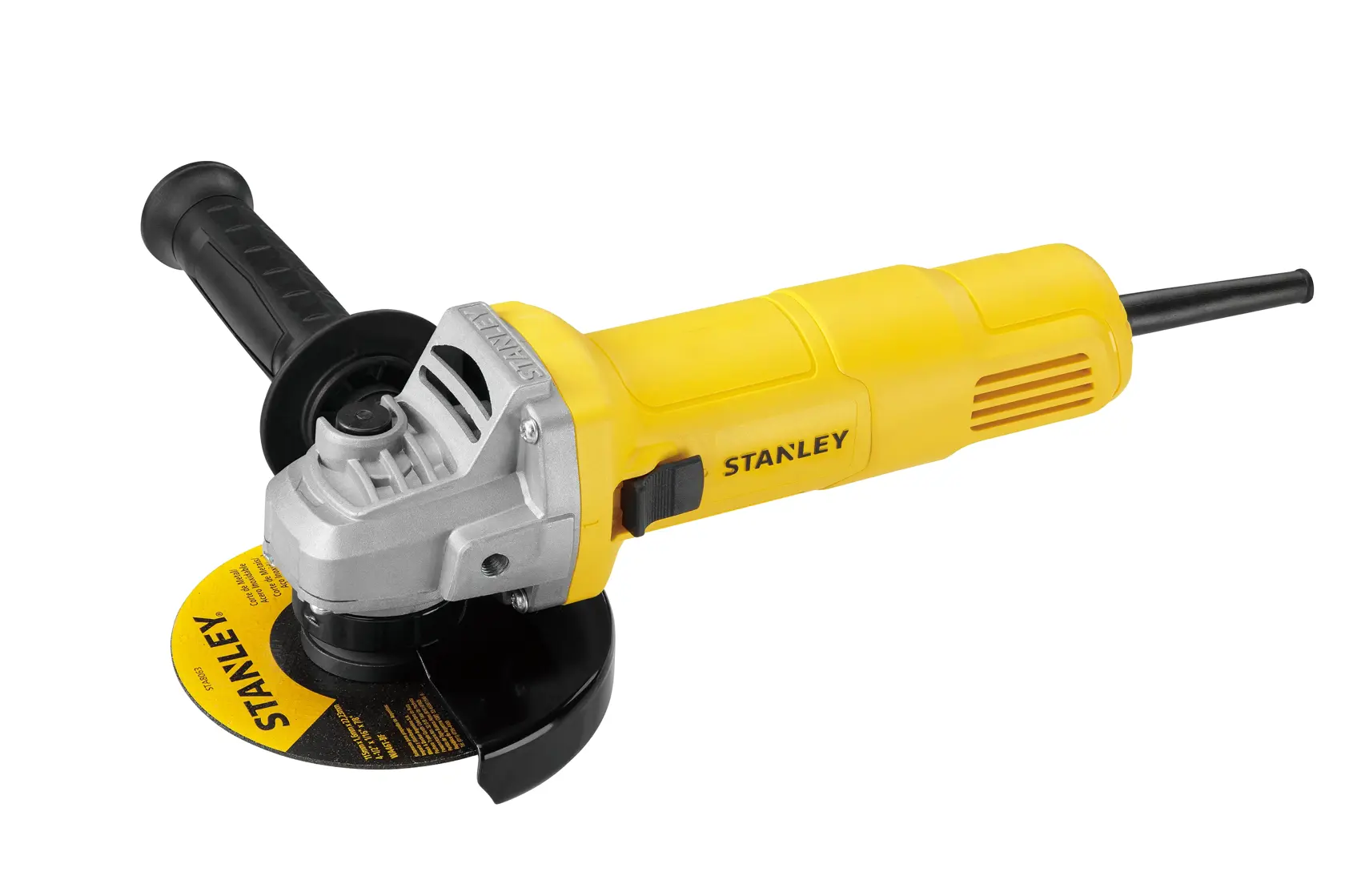 STANLEY SG6100 yellow angle grinder with black handle and guard, side view on white background.
