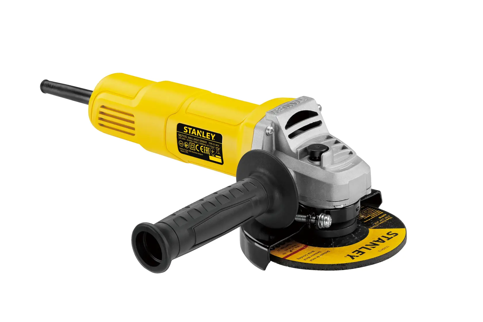 STANLEY SG6100 yellow and black angle grinder, side view on white background, with grip handle and branded disc.