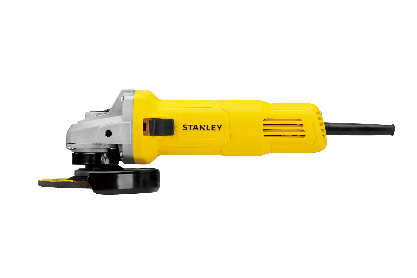 STANLEY SG6100 yellow angle grinder, photography of right-side view on white background.