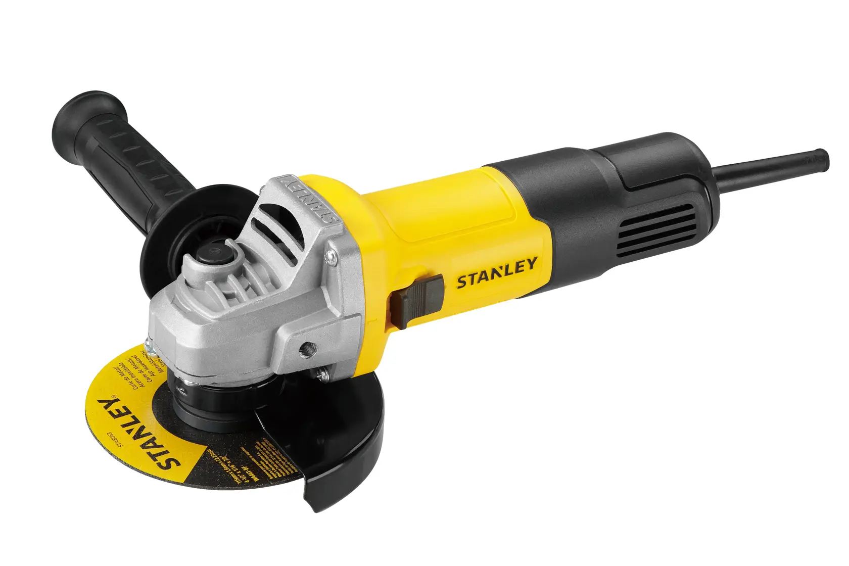STANLEY SG7100 angle grinder, yellow and black, side view on white background, power tool with side handle and disc.
