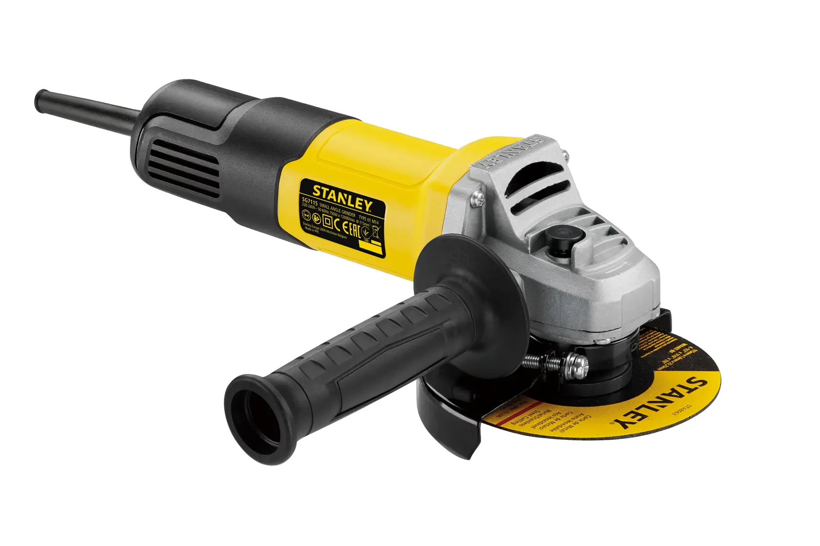 STANLEY SG7100 angle grinder with yellow and black body, side handle, and visible grinding disc, front left angle.