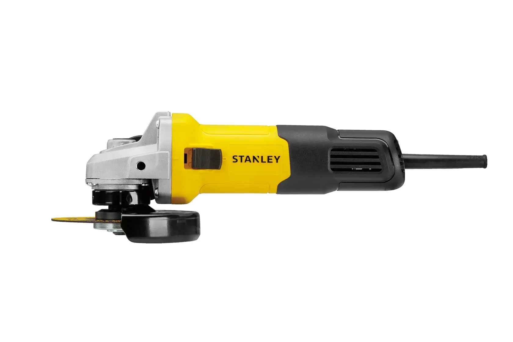 STANLEY SG7100 angle grinder, yellow and black, side view on white background, power tool for cutting and grinding.