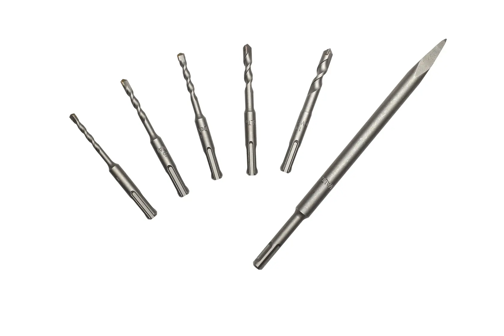 STANLEY SHR263KA-BR drill bit set with six assorted SDS chisel and drill bits, front angle on white background.