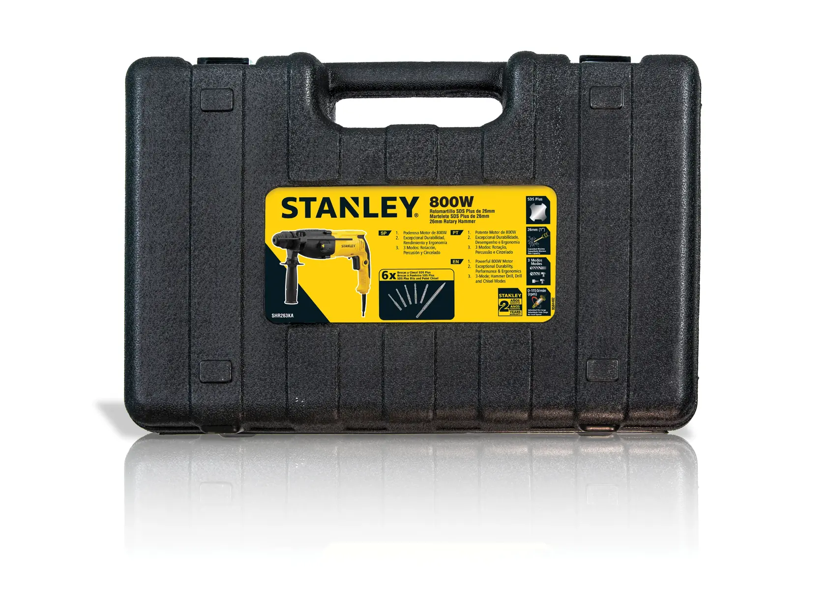 Photo of STANLEY SHR263KA-BR black plastic carrying case for rotary hammer, front angle with yellow label.