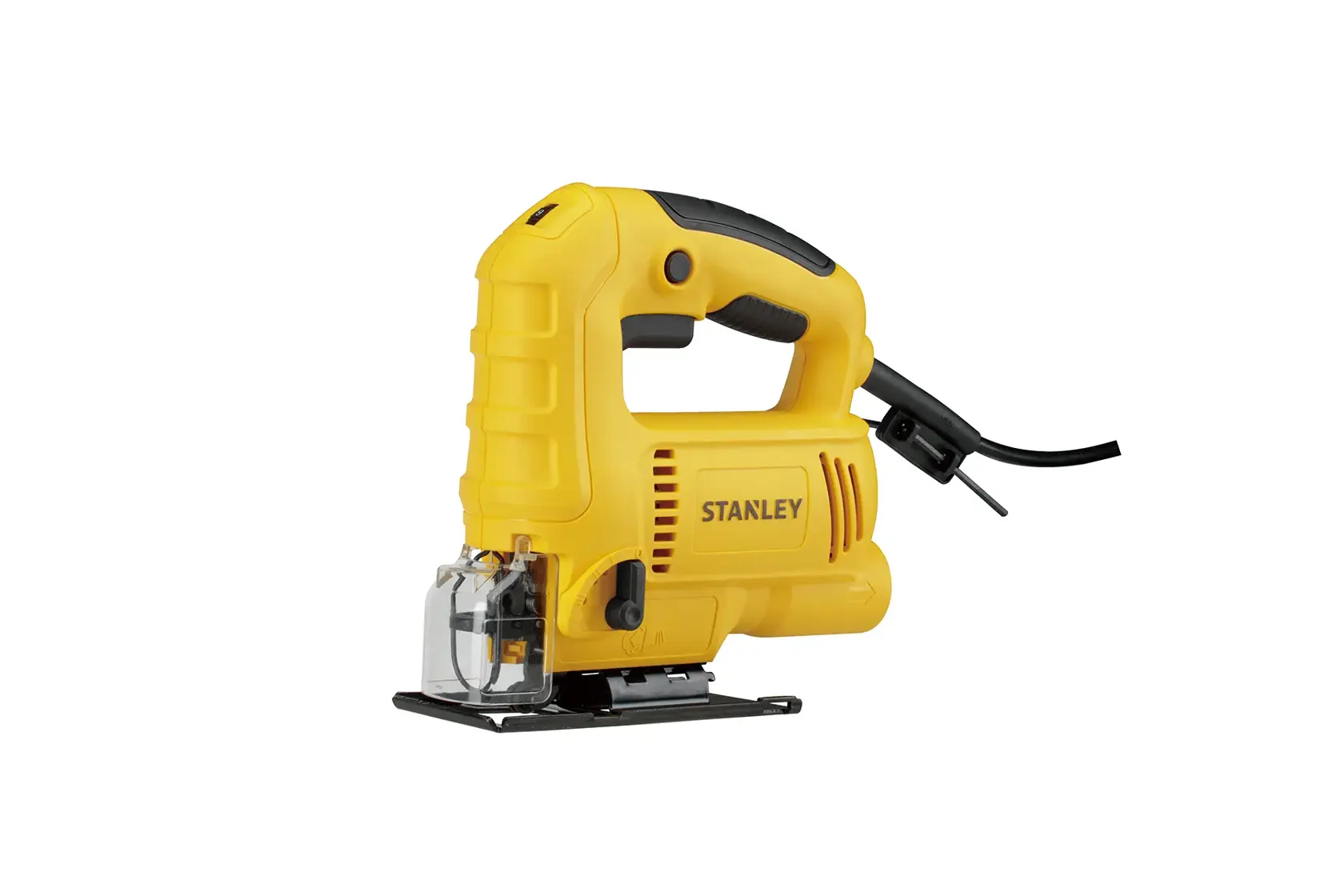 Photo of Stanley SJ60 yellow corded jigsaw, side view, with black handle and transparent blade guard on white background.