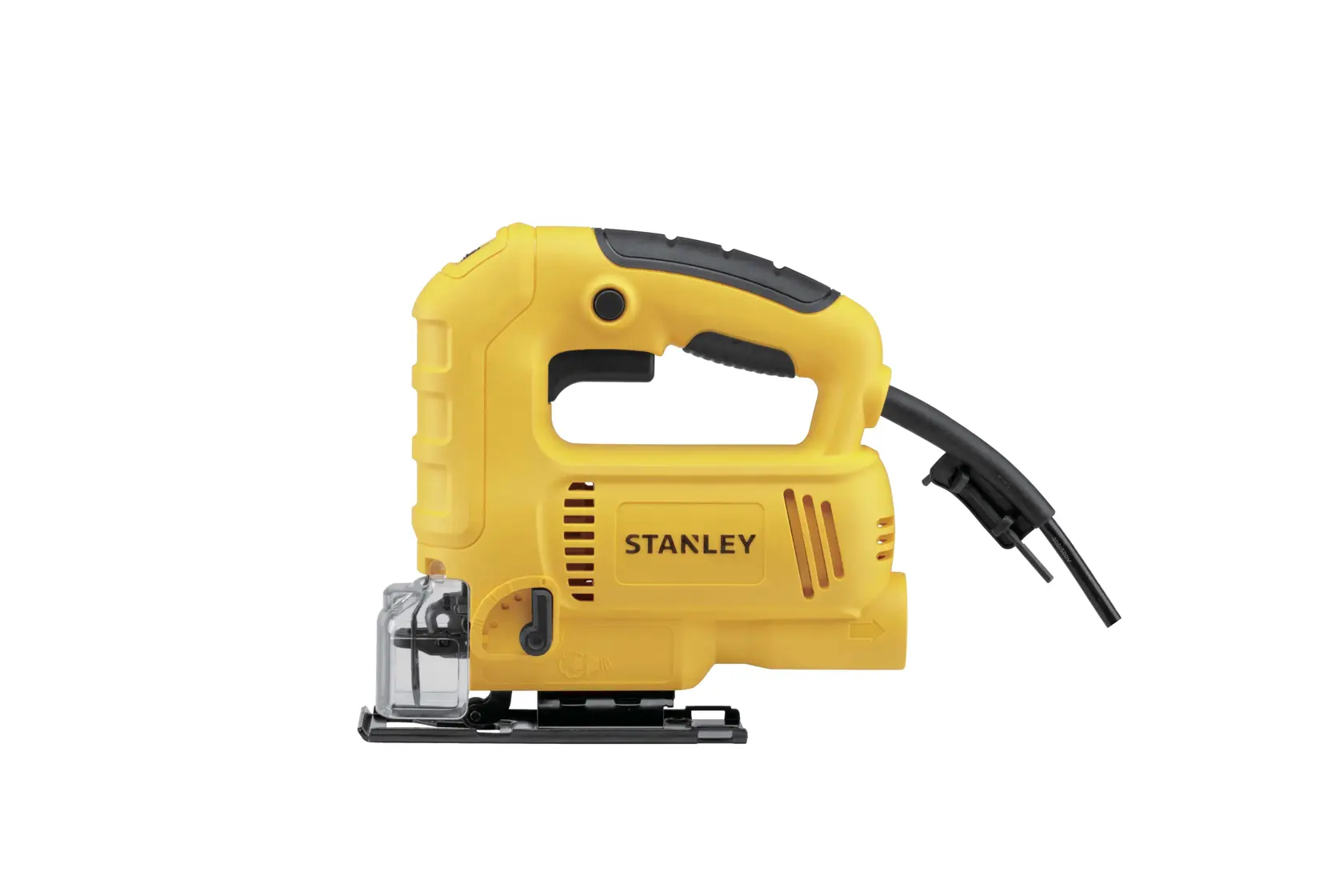 Stanley SJ60 yellow jigsaw power tool, left side view, photography on white background.