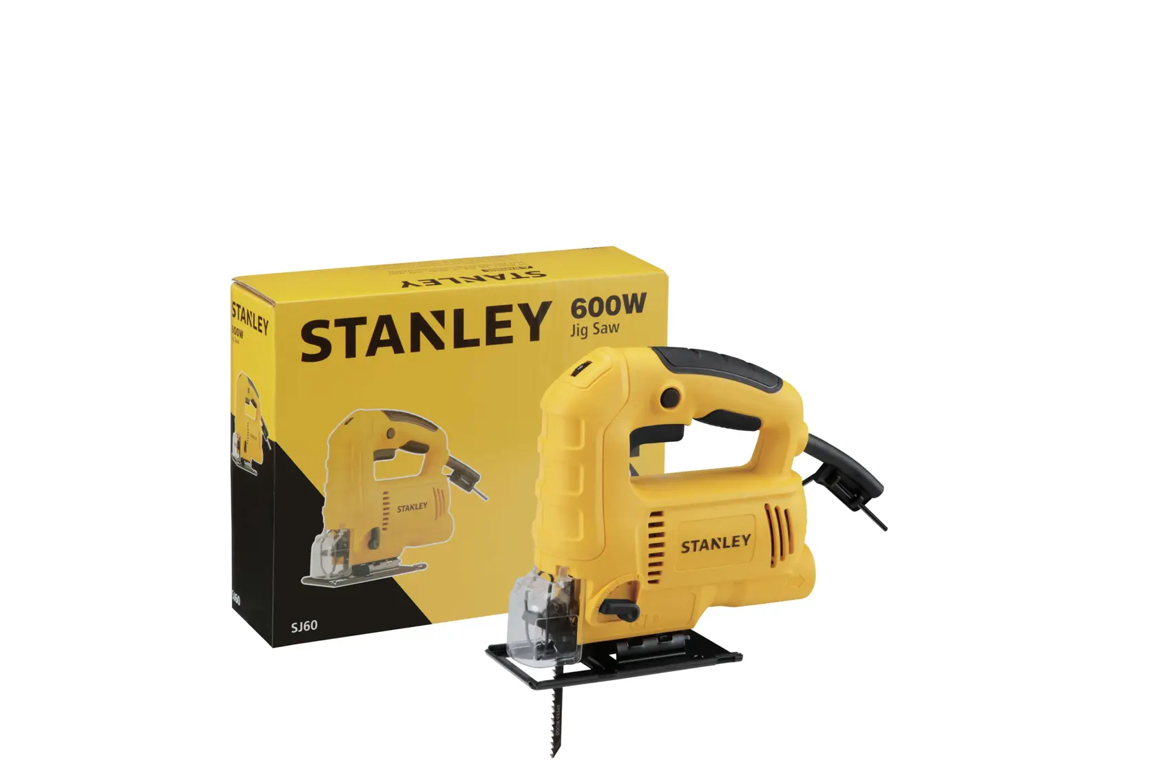 STANLEY SJ60 yellow jigsaw 600W side angle with packaging box, photography on white background.