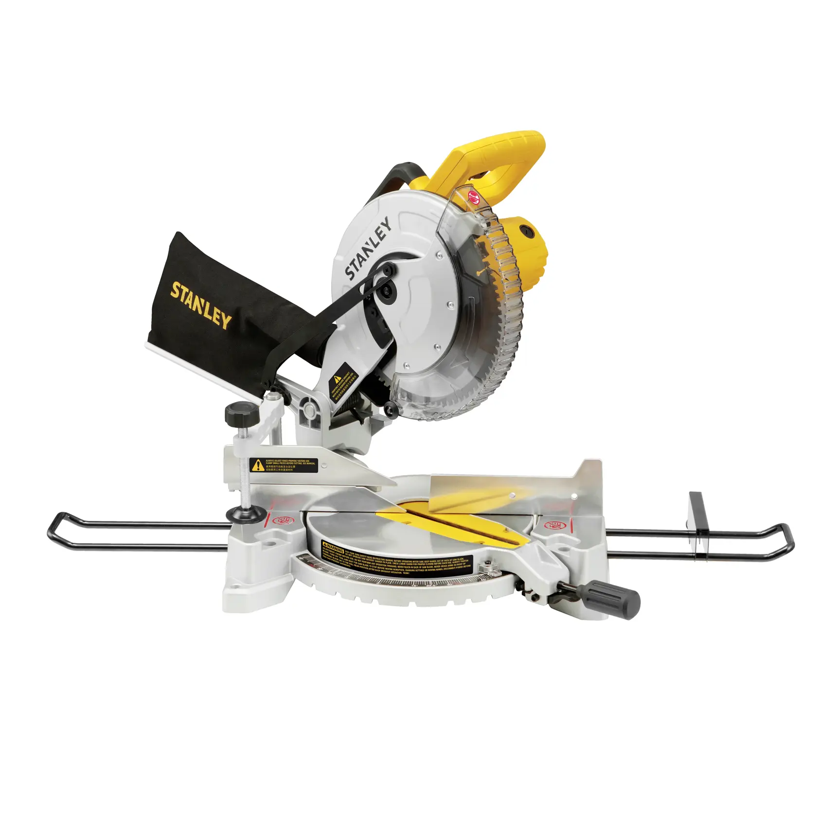 STANLEY SM16 miter saw with yellow handle and dust bag, side angle on white background.