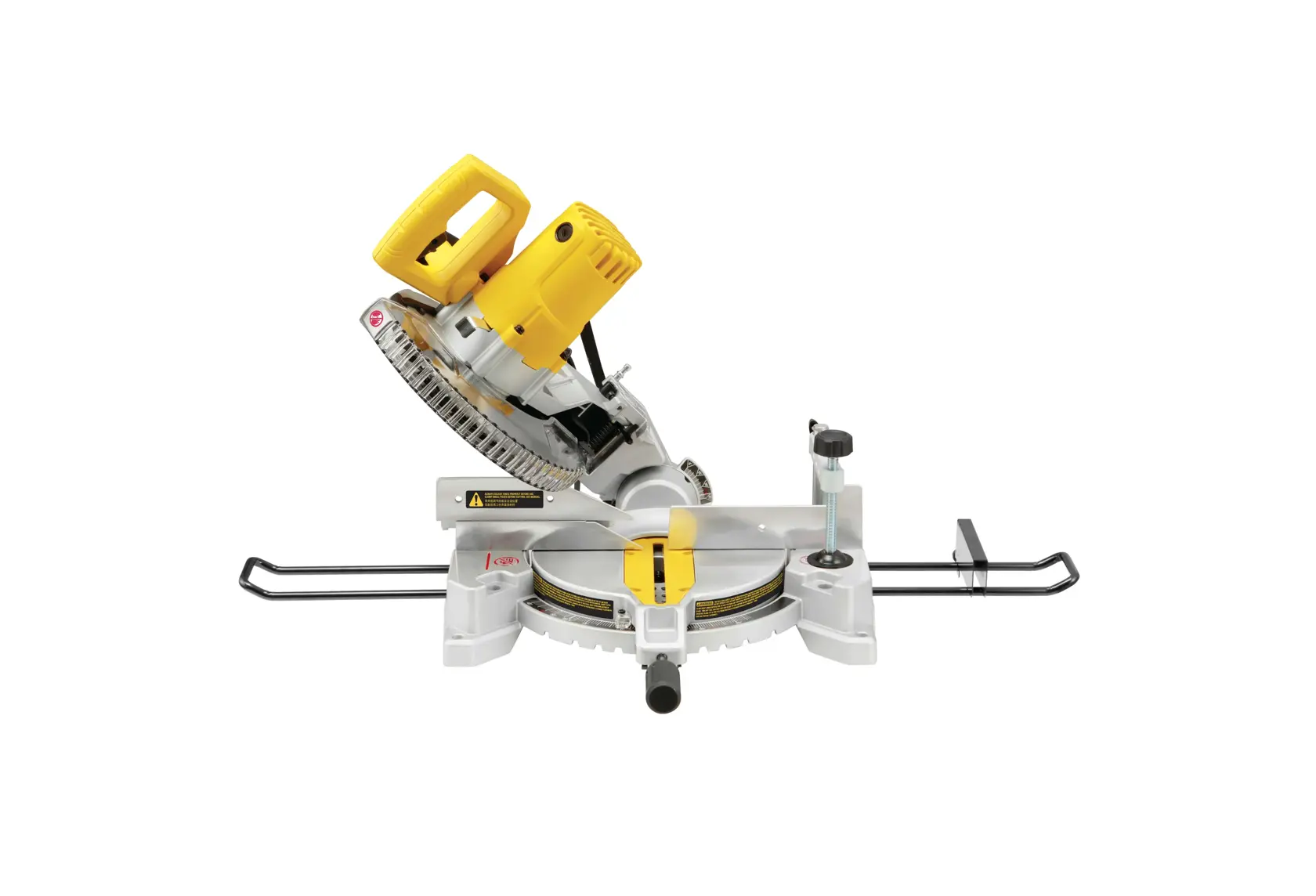 STANLEY SM16-AR miter saw with yellow handle and blade guard, side view on white background.
