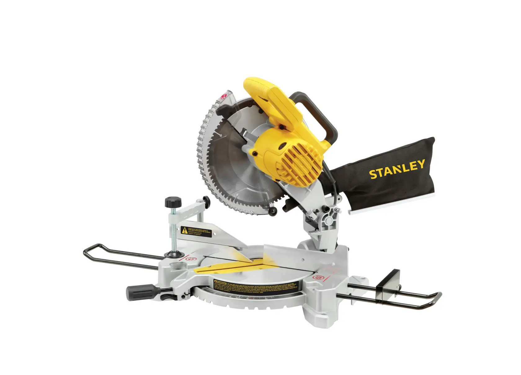 STANLEY SM16 miter saw, yellow and silver, with dust bag, side view on white background.