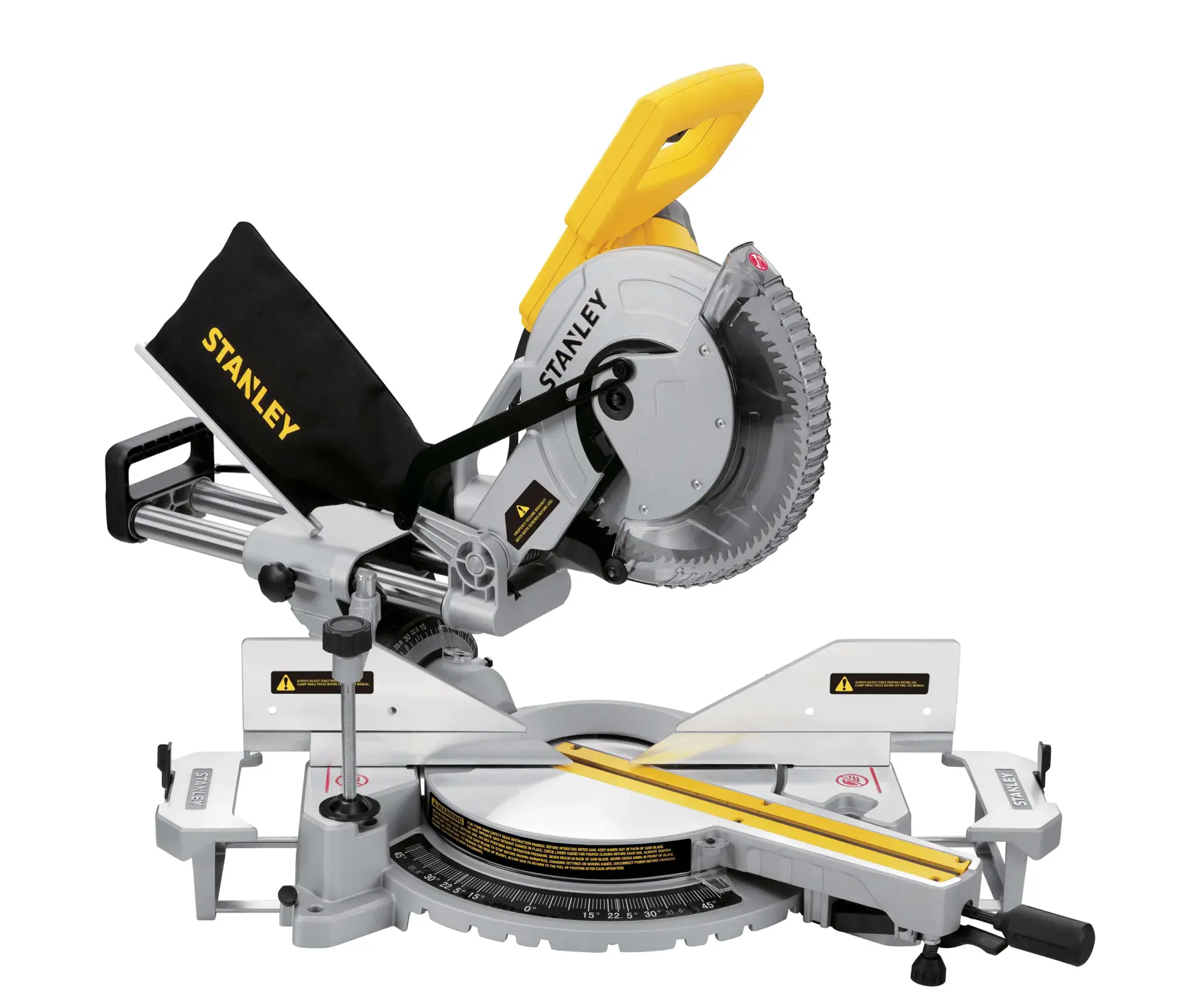 STANLEY SM18-B2C miter saw with yellow handle, silver blade, black dust bag, and angle gauge, side view.
