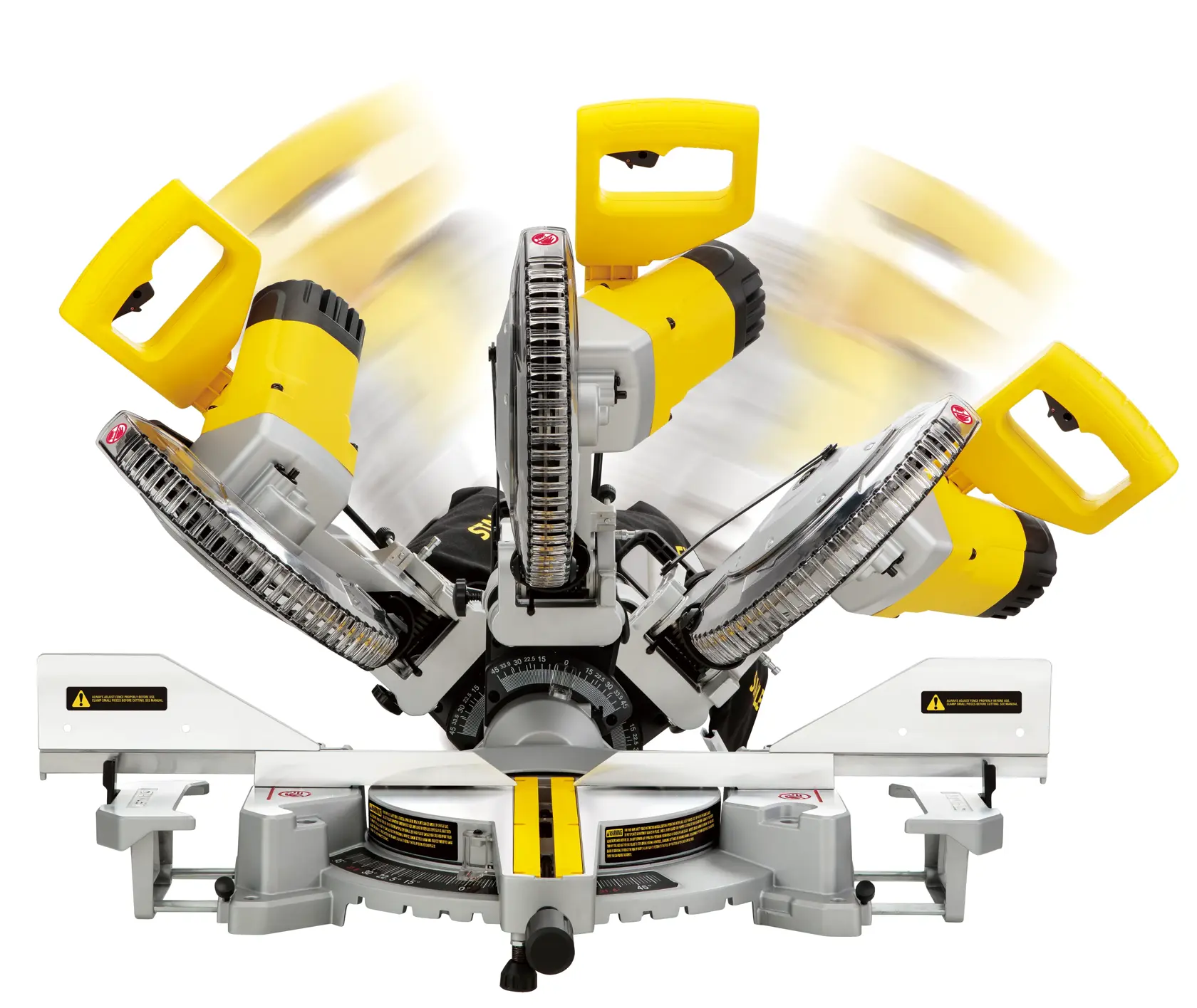 STANLEY SM18-B2C compound miter saw photo, front angle with yellow handle and movable blade motion.