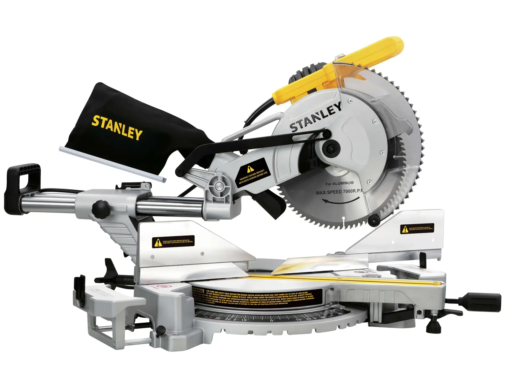STANLEY SM18-B2C miter saw, front angle, silver and black body with yellow handle and dust bag.
