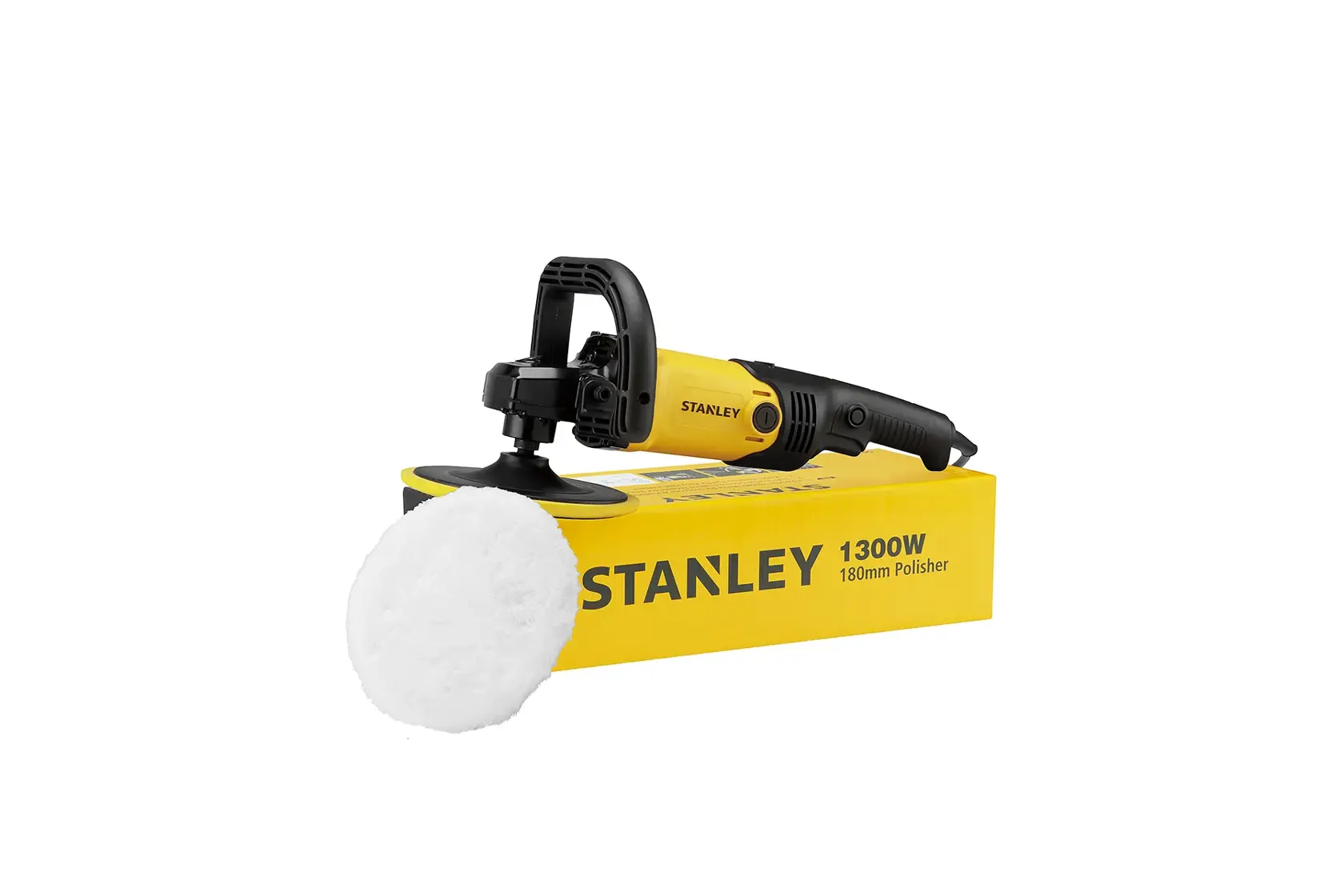 STANLEY SP137 1300W 180mm polisher, yellow and black, side view on branded box, photography.