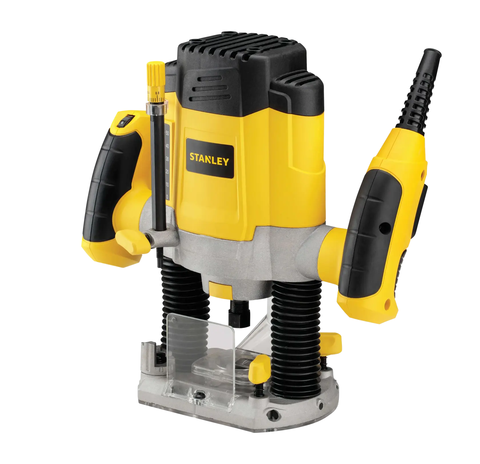 STANLEY SRR1200-AR photography front view yellow and black plunge router tool with dual handles.