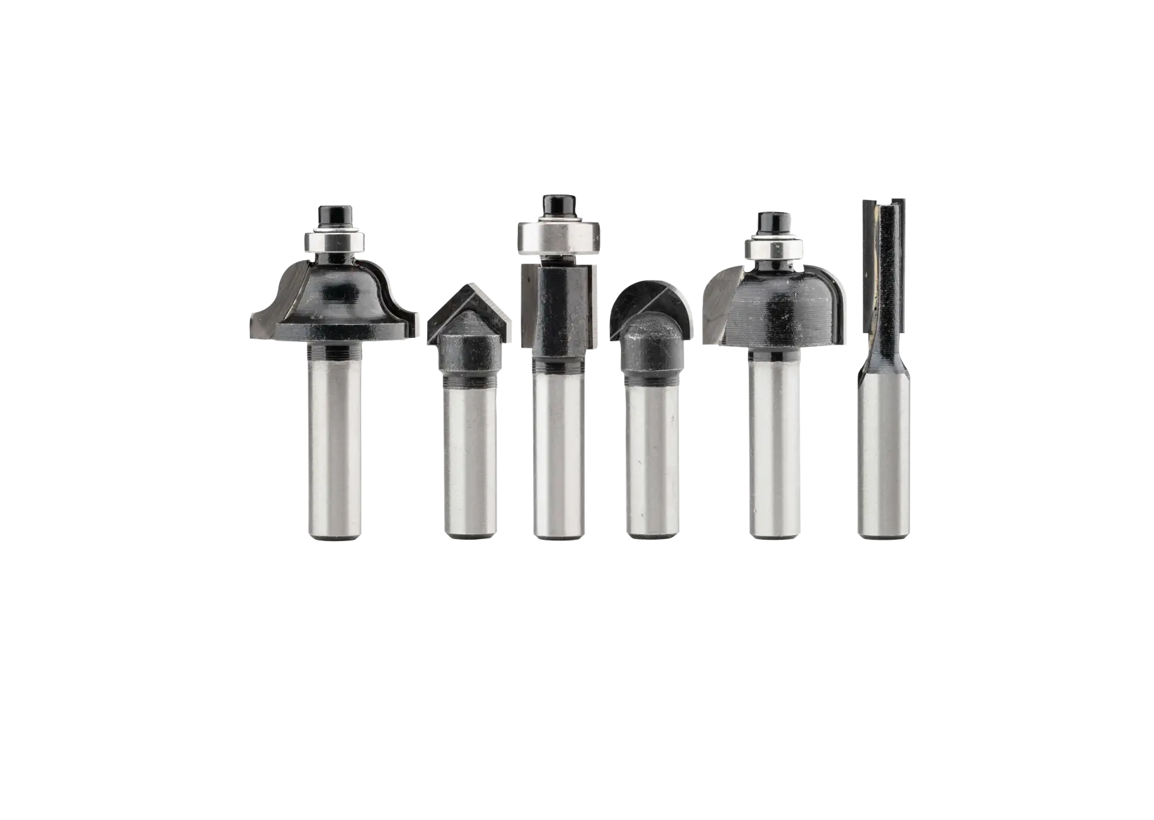 Stanley SRR1200-AR router bit set photography, six metal bits, front view, white background.