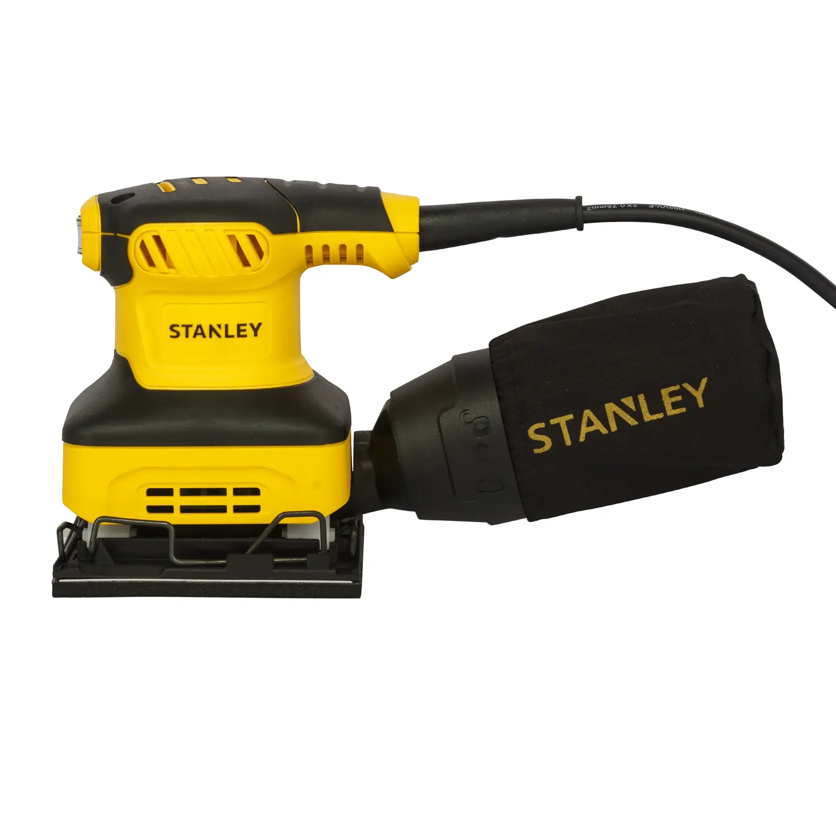 STANLEY SS24-IN yellow and black electric sander with dust bag, side angle, on white background.