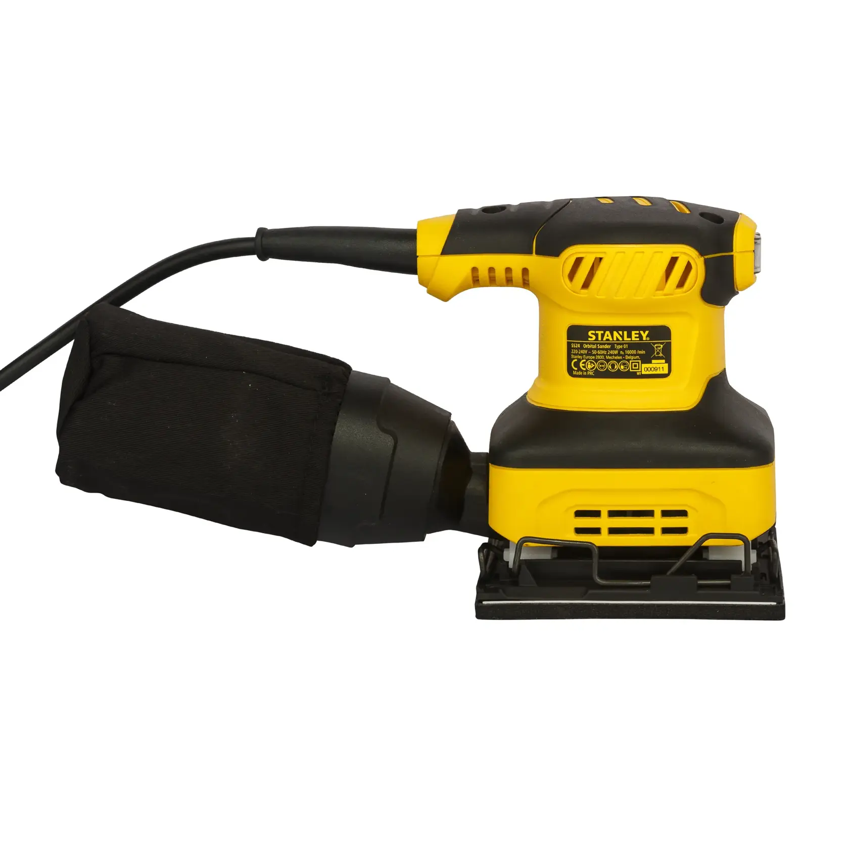 Stanley SS24-IN yellow and black electric sander side view, photography on white background.