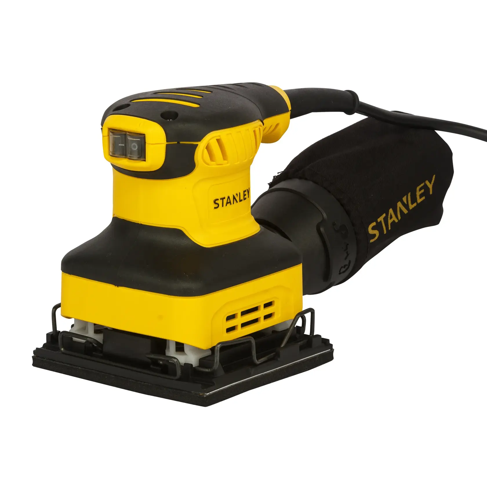 Stanley SS24-IN yellow and black electric sander with dust bag, front angled on white background.