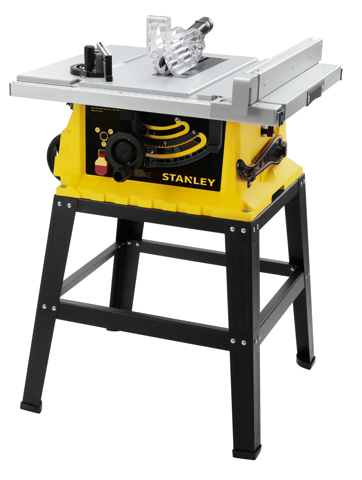 STANLEY SST2001-B2 table saw with yellow base and black stand, front angle, white background.