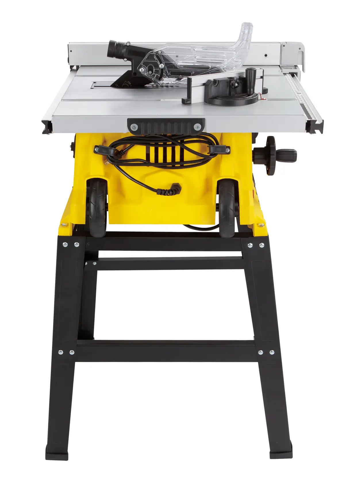 STANLEY SST2001-B2 table saw with yellow base and black stand, front angle on white background.