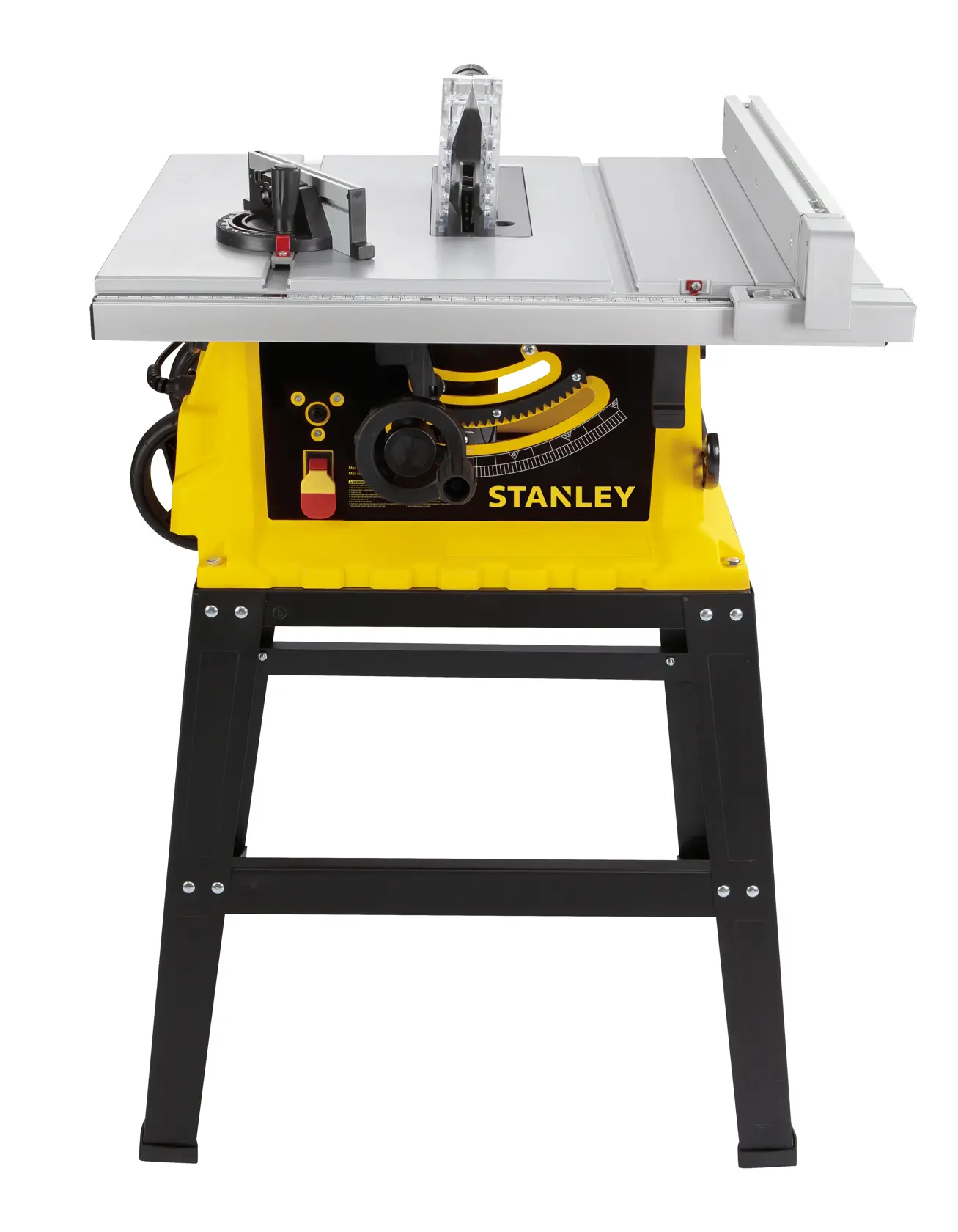 Front view of STANLEY SST2001-B2 table saw with yellow base, black stand, silver work surface, and visible adjustment knobs.