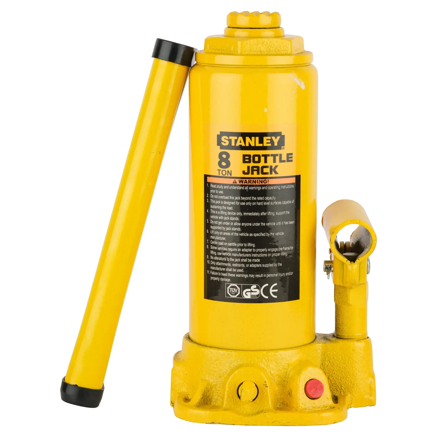 STANLEY ST90801CE yellow 8-ton bottle jack with handle, product photo on white background.