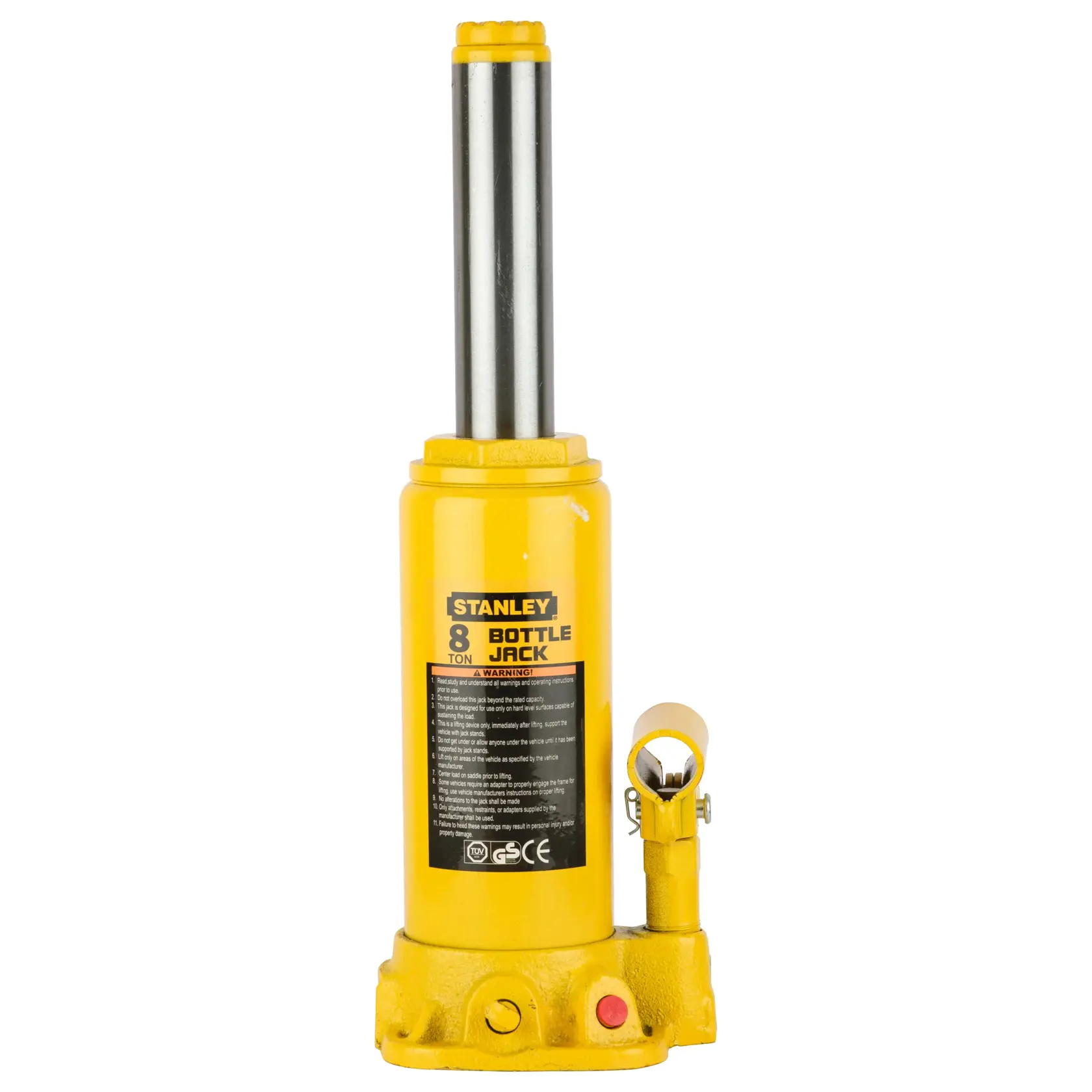 STANLEY ST90801CE yellow 8-ton bottle jack, front angle, hydraulic tool on white background.