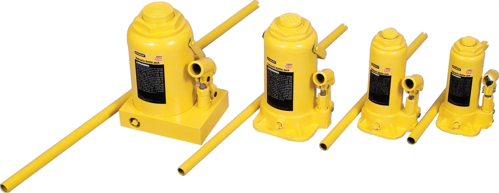 STANLEY ST92001CE set of yellow hydraulic bottle jacks, various sizes, side angle on white background.