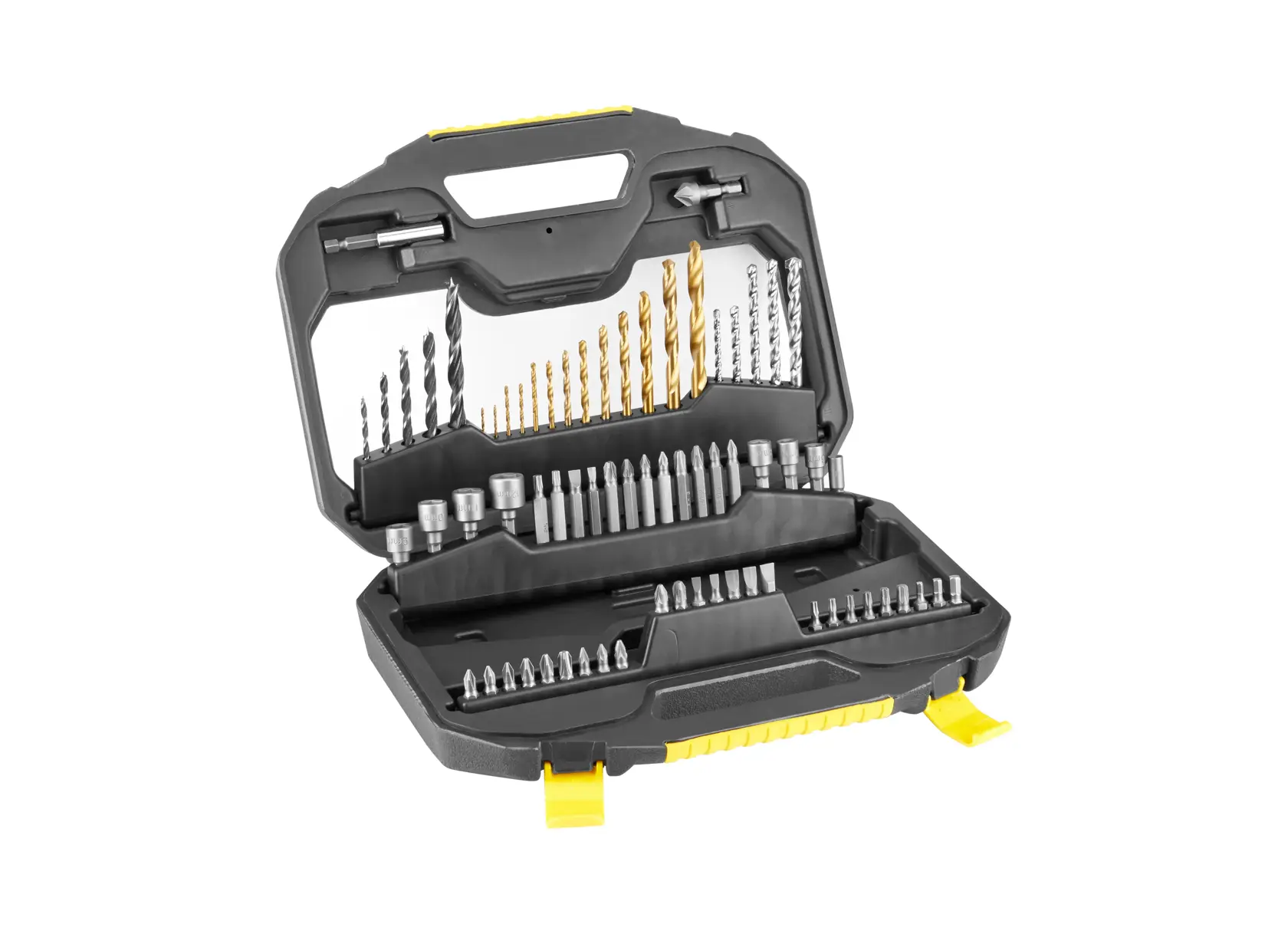 STANLEY STA7184 drill and screwdriver bit set in open black and yellow case, photography, white background.