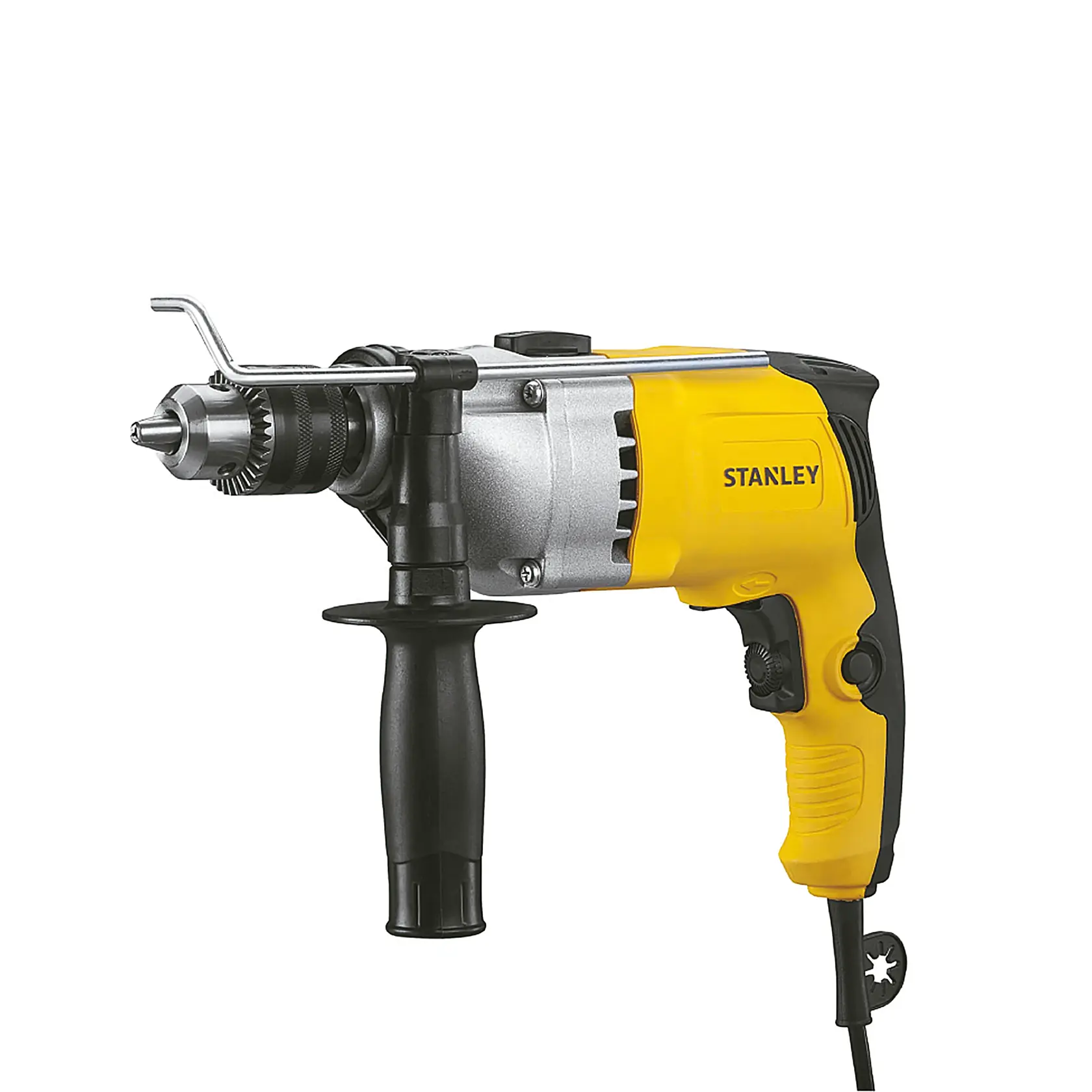 STANLEY STDH8013 yellow and black corded hammer drill, side angle, with side handle and metal chuck.