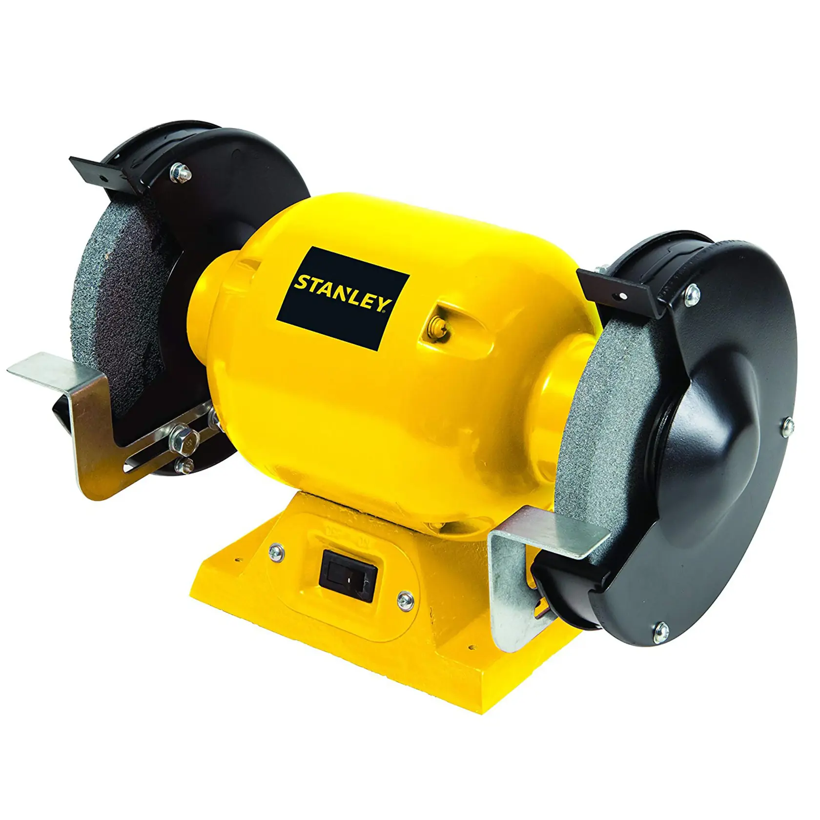 Photo of STANLEY STGB3715 bench grinder, yellow body, dual grinding wheels, side angle, white background.