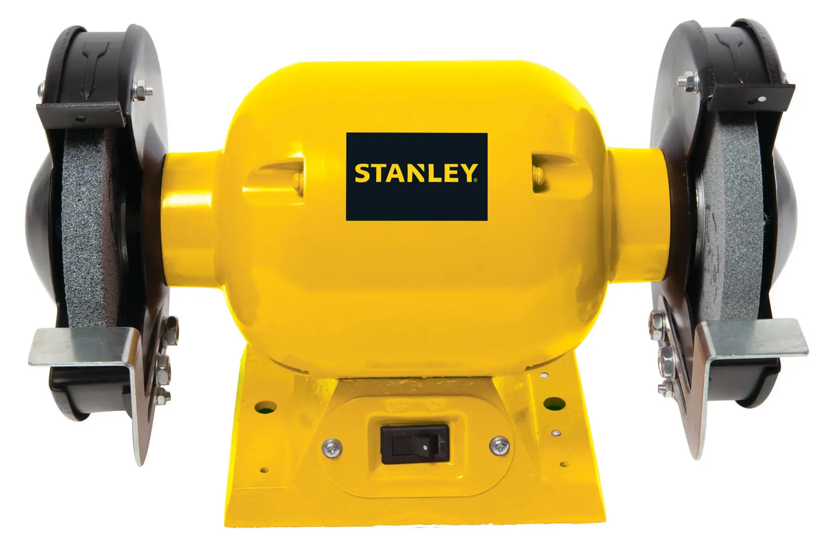STANLEY STGB3715 bench grinder, yellow and black, front angle on white background.