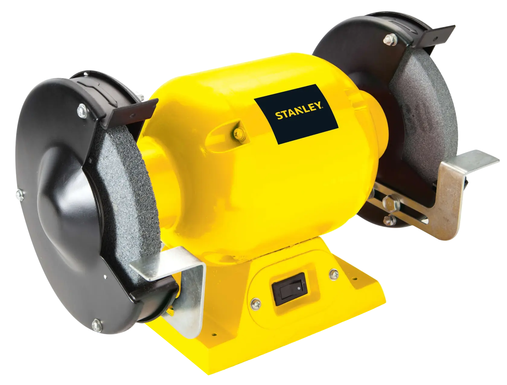 STANLEY STGB3715 bench grinder with yellow body, dual grinding wheels, and protective guards, front angle on white.