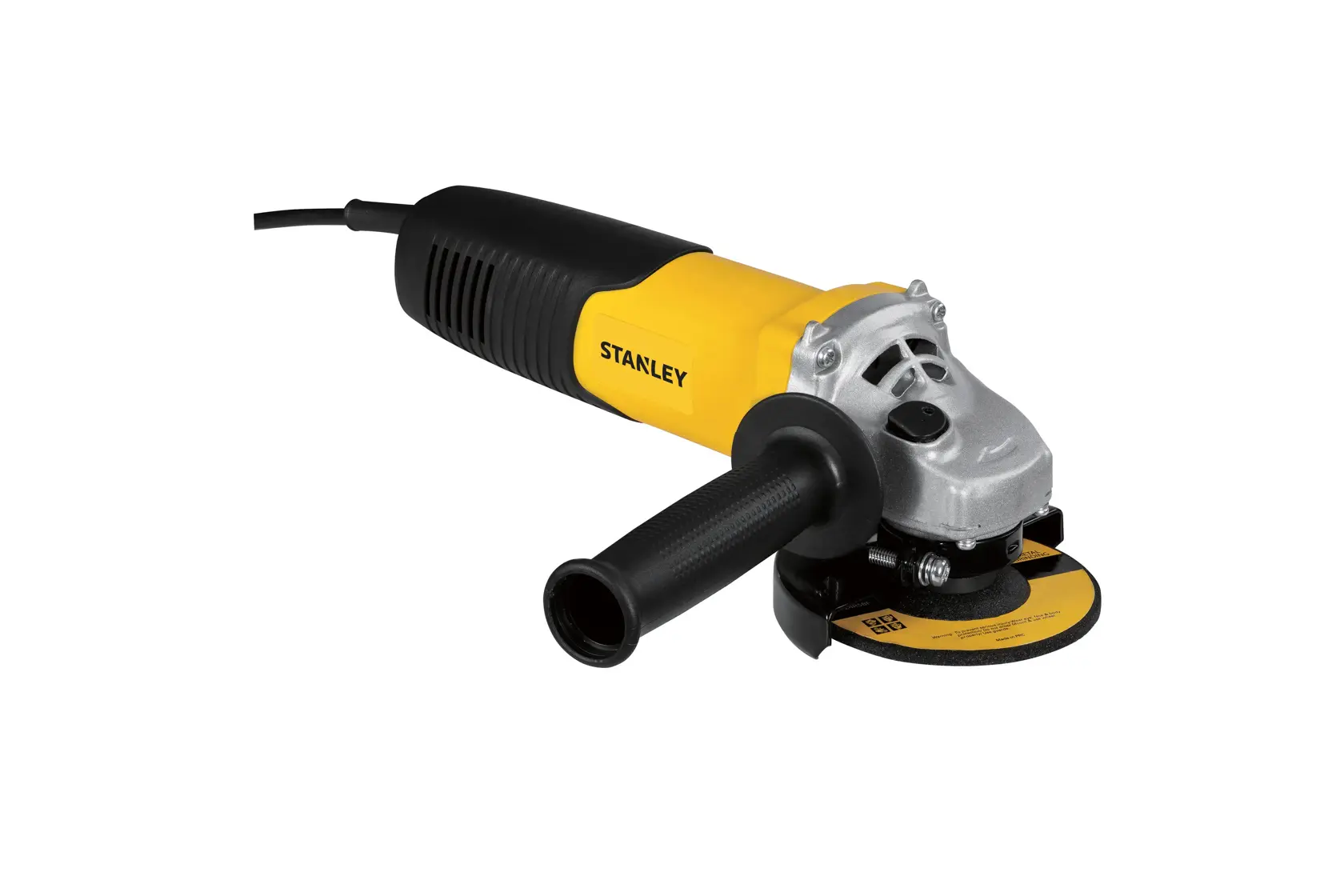 Stanley yellow and black angle grinder with side handle and attached grinding disc.