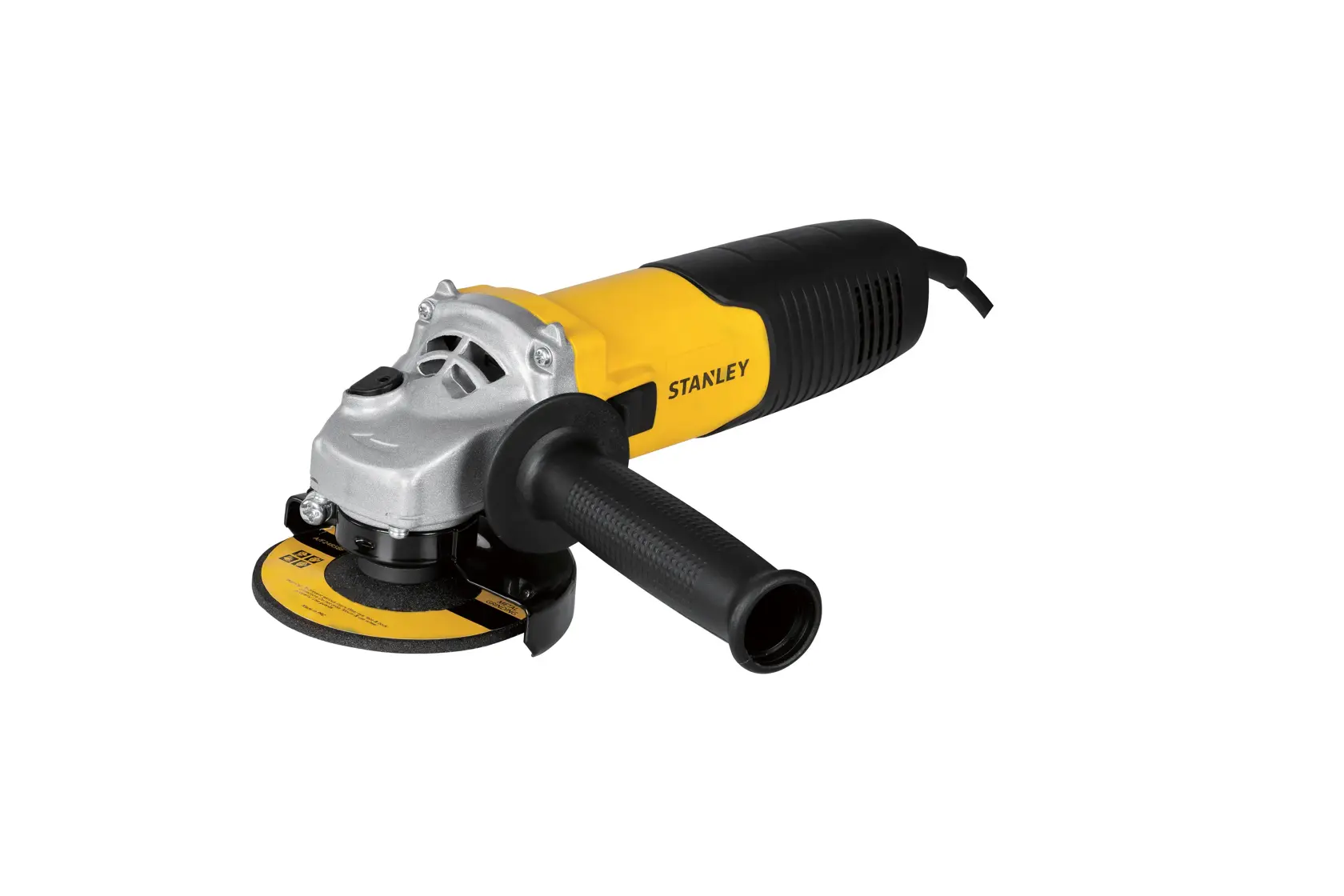 Stanley yellow and black angle grinder with side handle and cutting disc, shown against a white background.