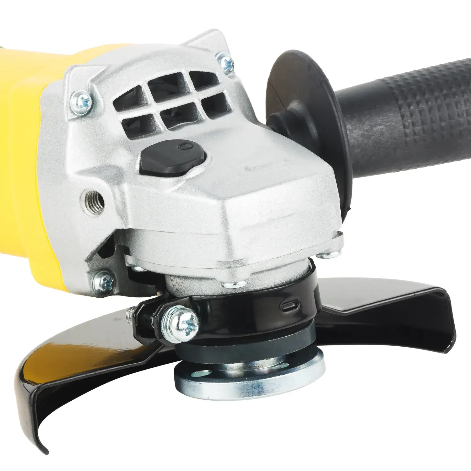 STANLEY STGS9125 angle grinder close-up showing handle, guard, and metal gear housing, front view.