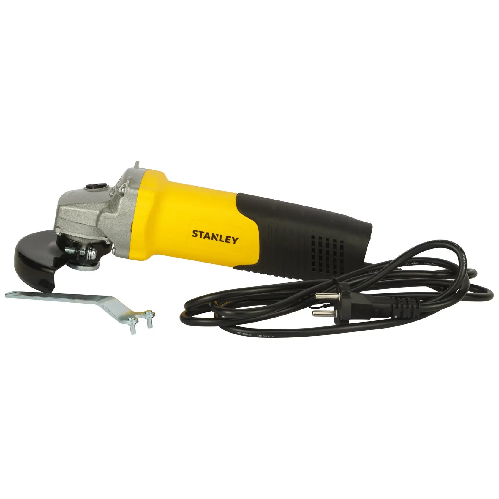 STANLEY STGT8100-IN yellow and black angle grinder with power cord and wrench, side view on white background.