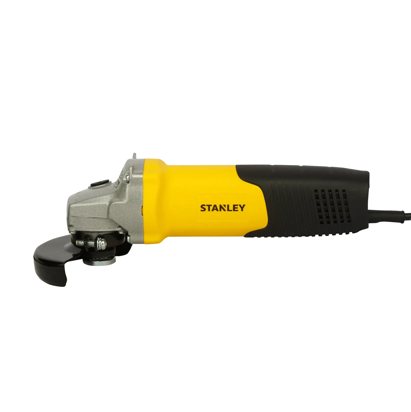 STANLEY STGT8100-IN yellow and black angle grinder, side view, with silver head, photography on white background.