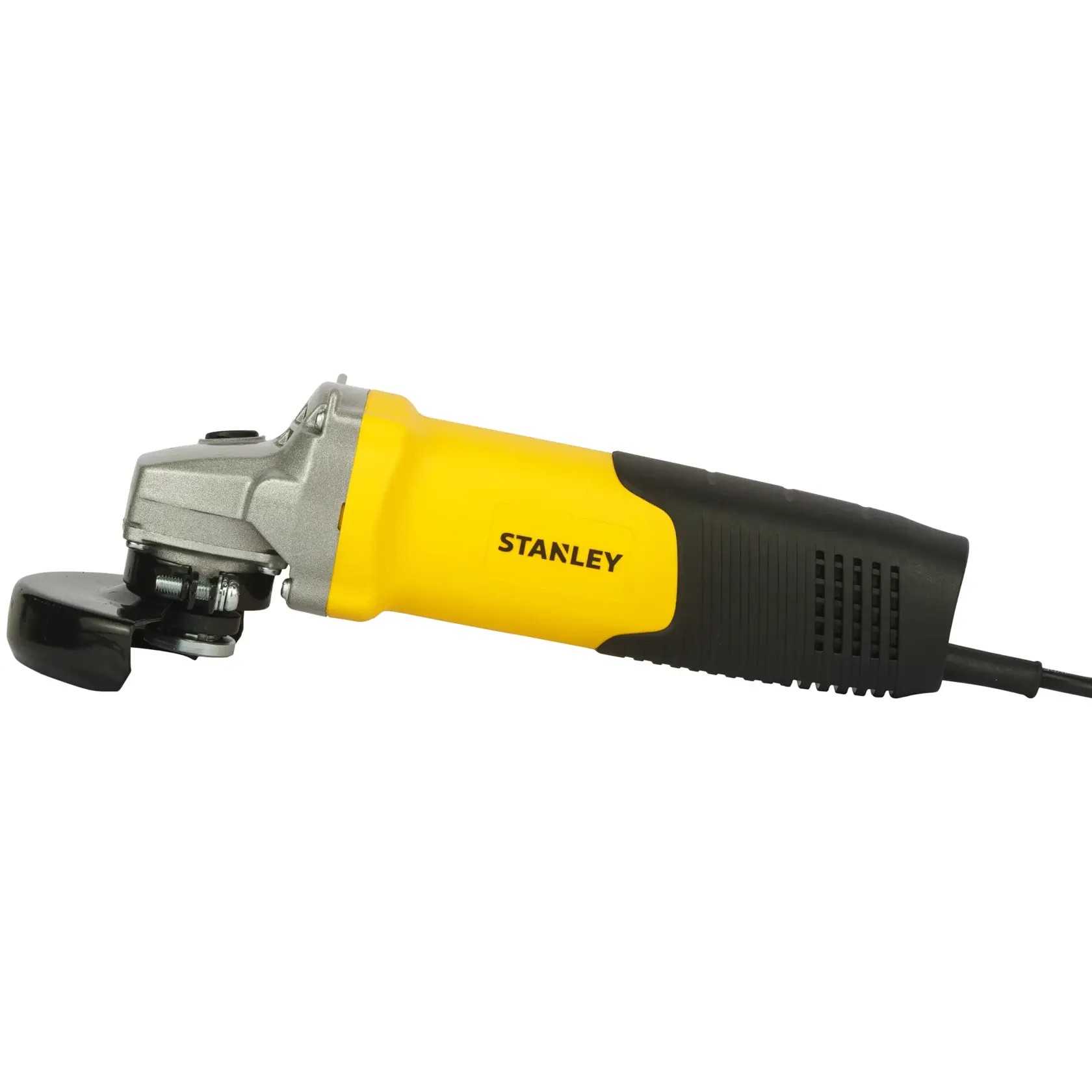 Photo of STANLEY STGT8100-IN yellow and black angle grinder, side view, with corded handle and protective guard.
