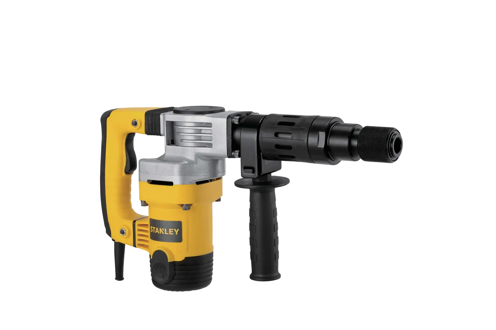 Stanley STHM5KH yellow and black demolition hammer, front angle, with side handle, on white background.