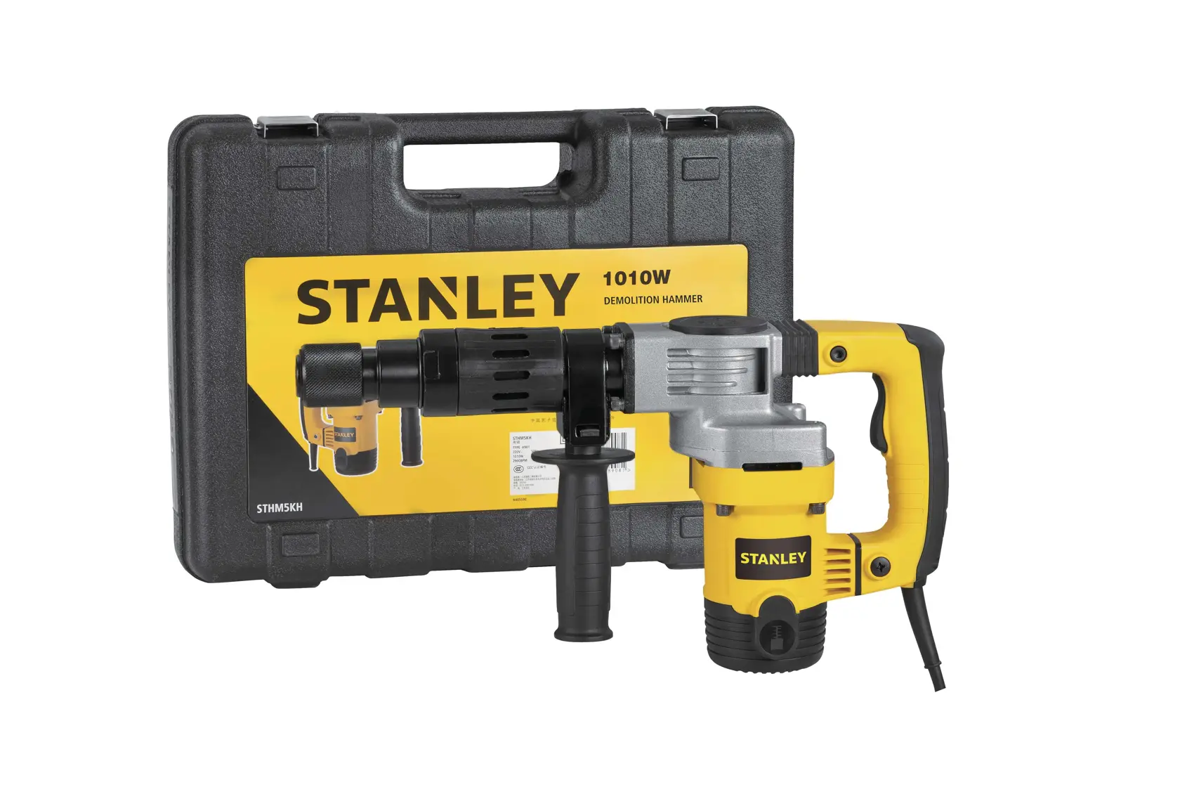 STANLEY STHM5KH demolition hammer with yellow and black case, front angle, tool and carrying case visible.