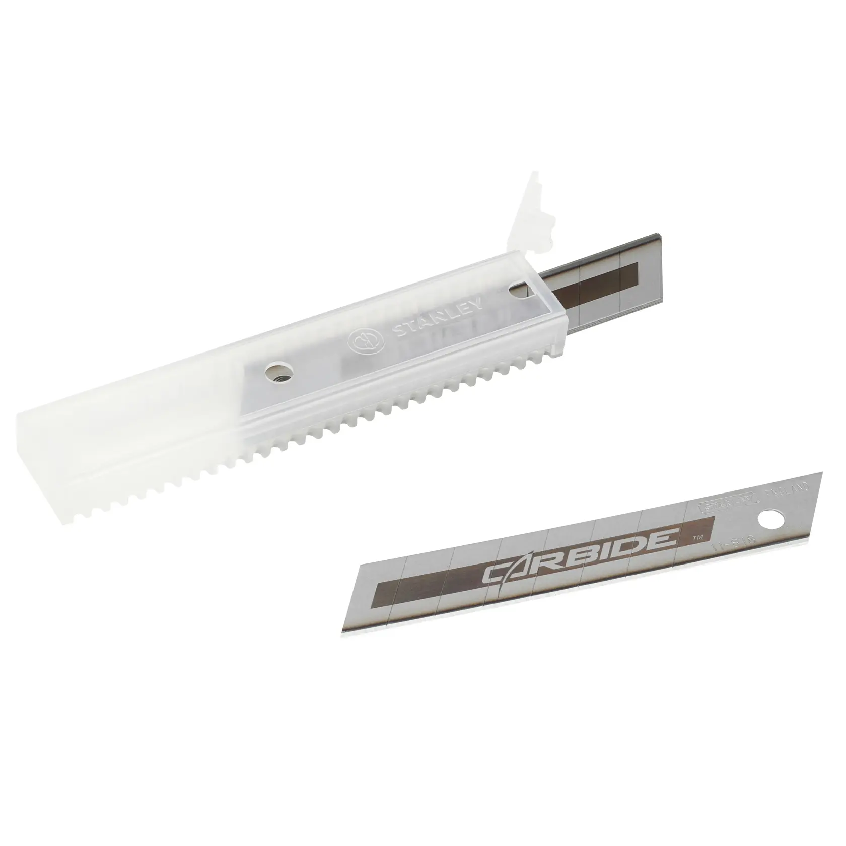 STANLEY STHT0-11818 utility knife blades in clear plastic case, Carbide branding, product photo, angled view.