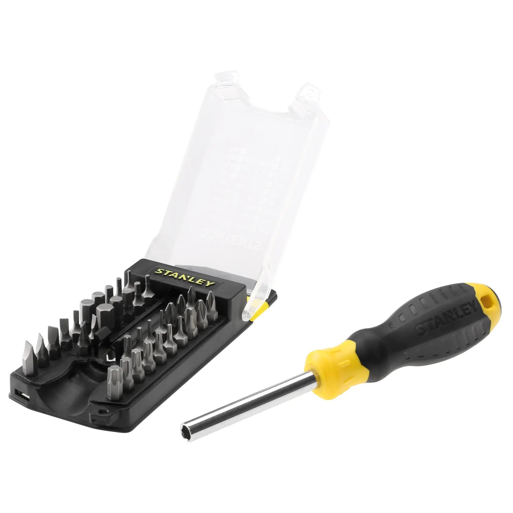 STANLEY STHT0-70885 screwdriver set with black and yellow handle and multiple bits in open plastic case, angled view.