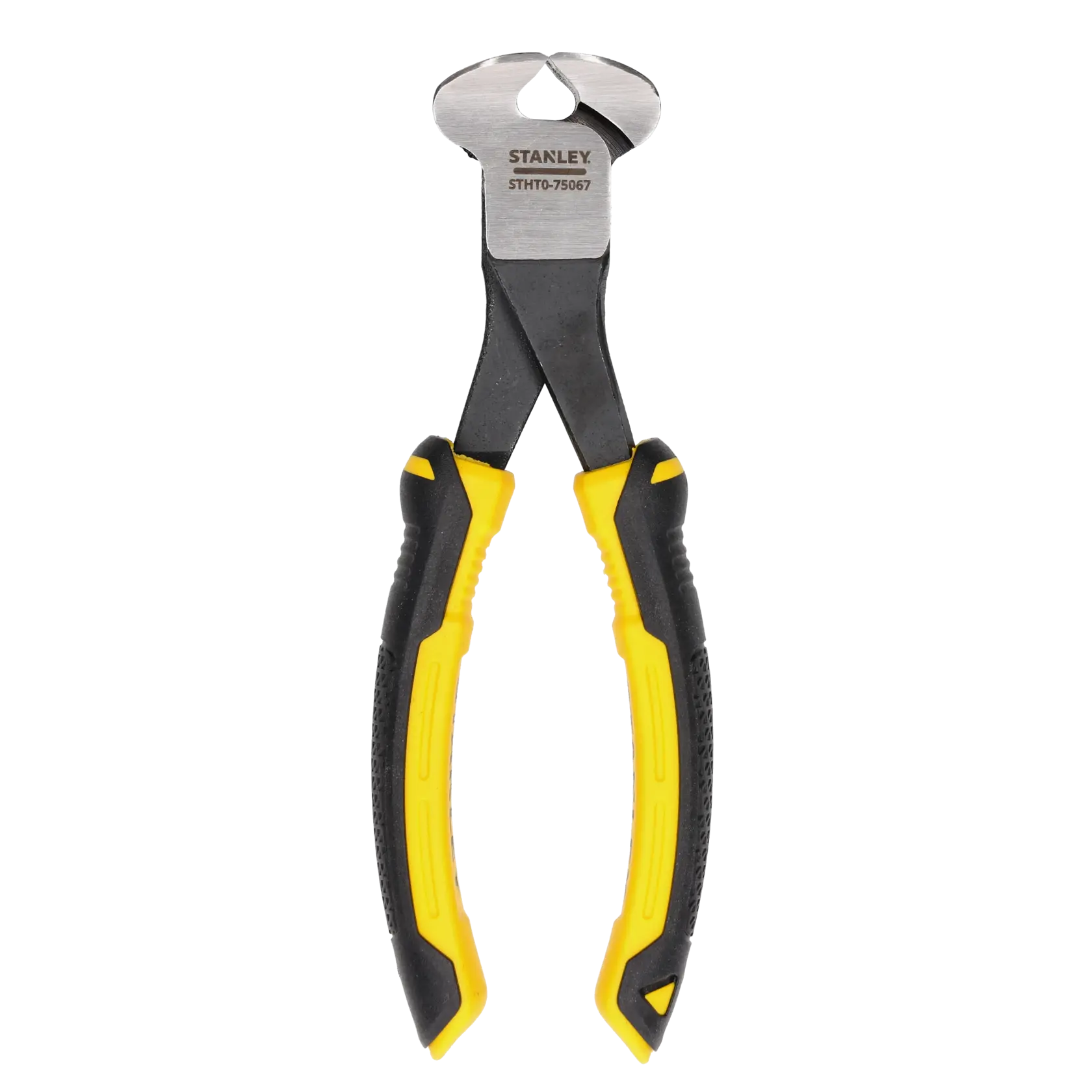 Stanley end cutting pliers with black and yellow handles, model STHT0-75067, shown on a white background.