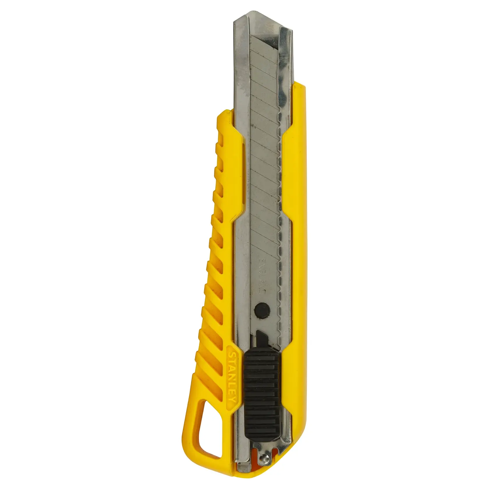 Yellow and silver Stanley utility knife with snap-off blade and textured grip.