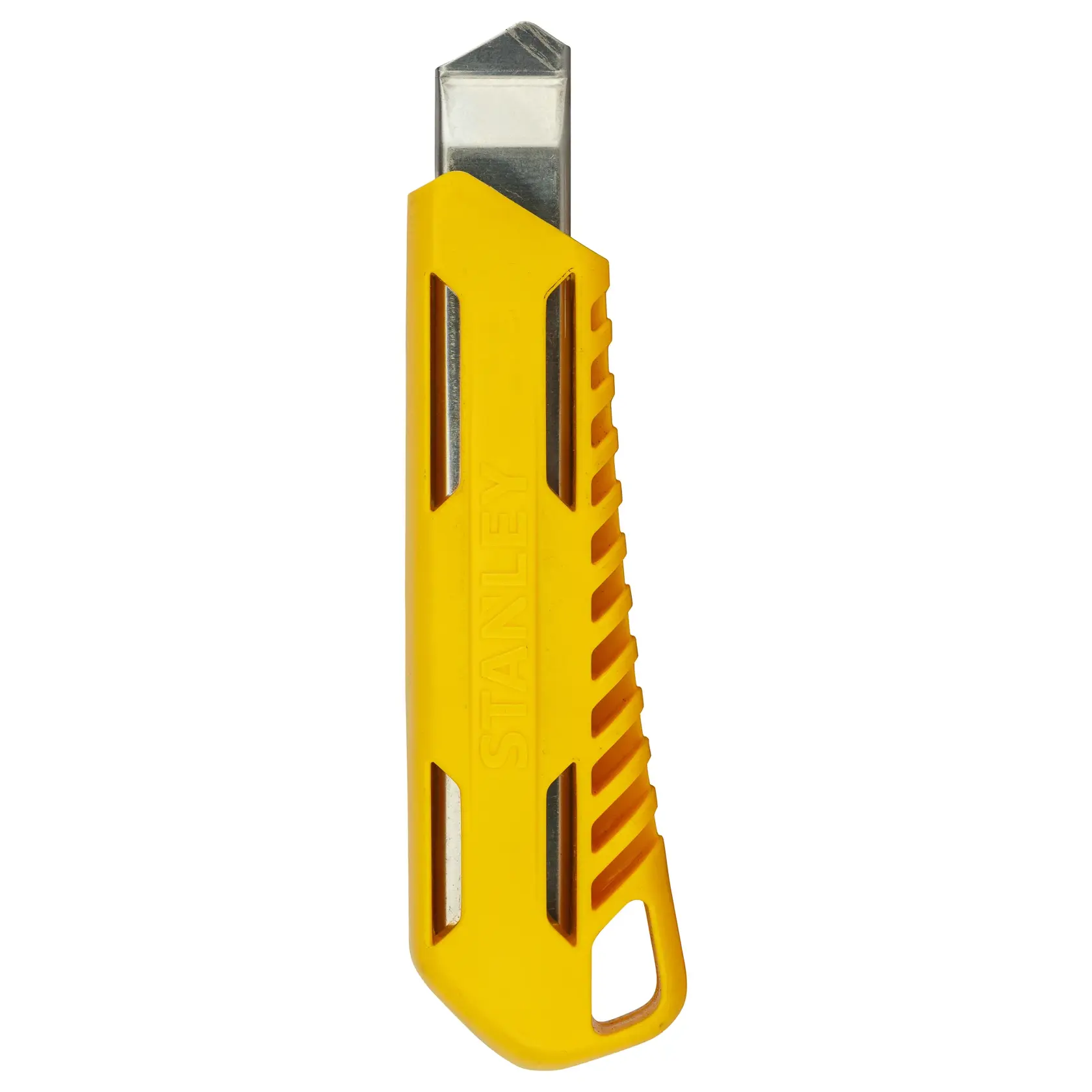 Stanley utility knife with yellow handle and exposed blade, suitable for cutting tasks.