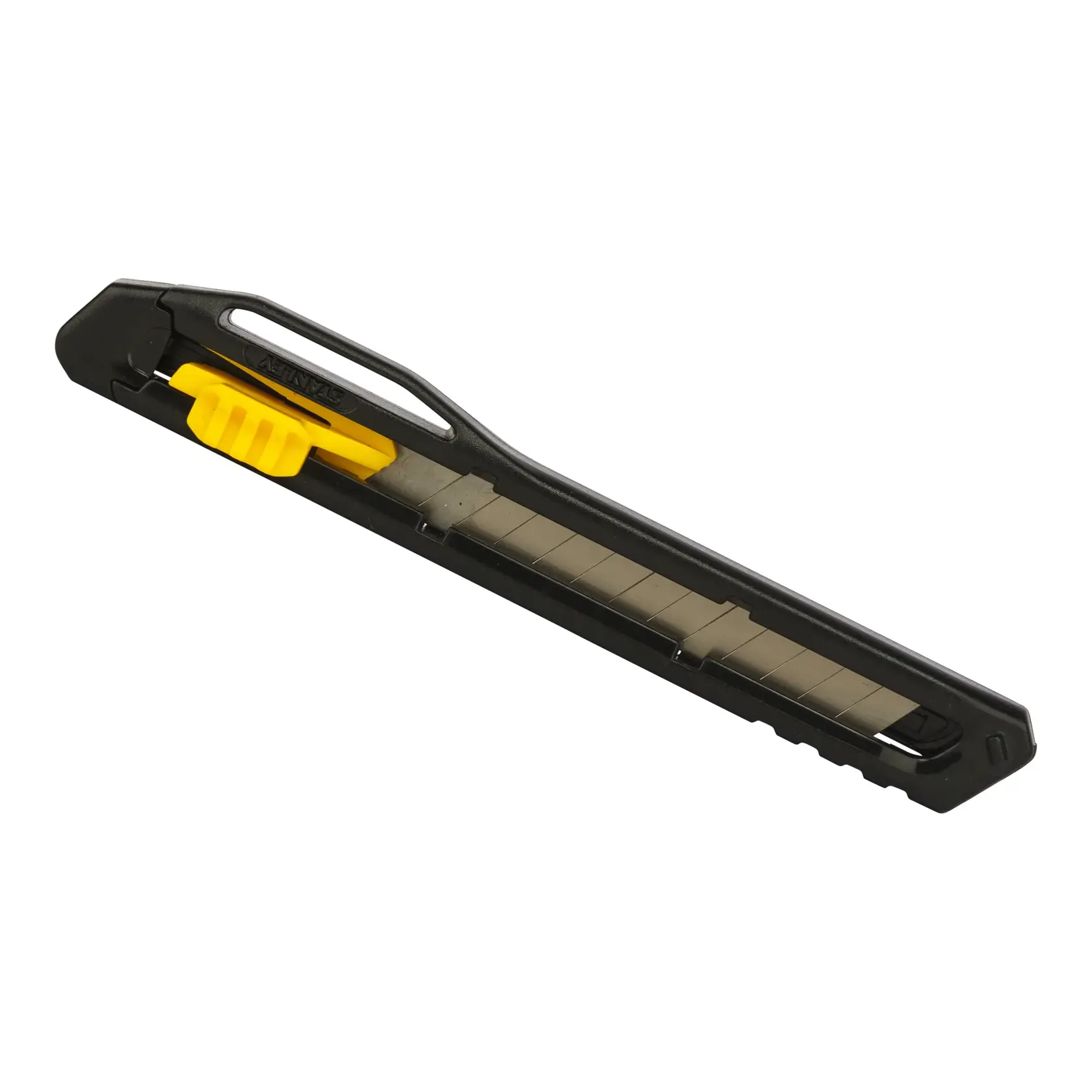 STANLEY STHT10322-800 utility knife with black handle and yellow slider, side angle, photography.
